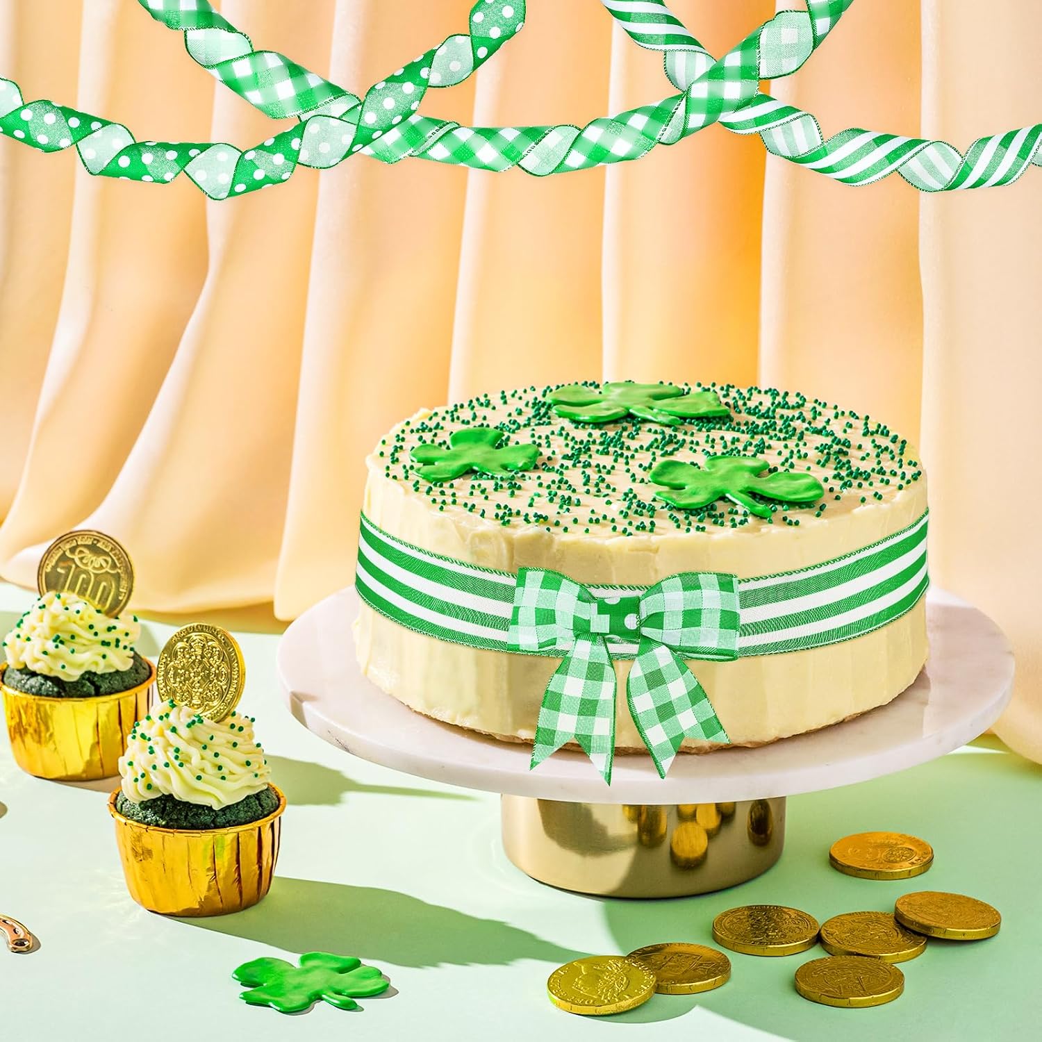 3 Rolls Buffalo Plaid Wired Ribbons 15 Yards White and Green Wired Ribbons 2.5 Inch St. Patrick's Day Plaid Ribbons for Gifts Burlap Gingham Ribbons DIY Craft Supplies