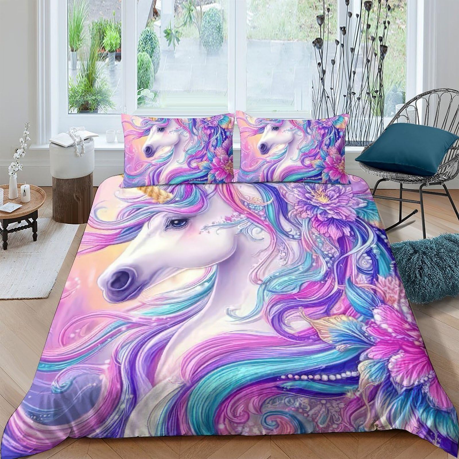 Ctjqhvkz Style-6 3D Printed Fantasy Unicorn Fitted Sheet Microfiber Soft Pastel Rainbow Mattress Cover Anti-Slip For Bedroom Guest Room Decor Single（135X200cm）