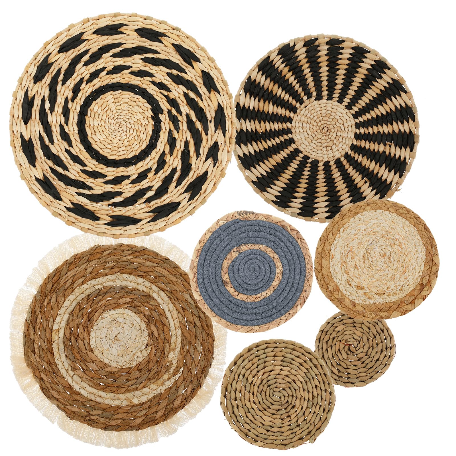 YUNYOUC 7Pcs Boho Wall Basket Decor, Wall Hanging Wicker Basket Rattan Decor, Handmade Round Macrame Hanging Woven Baskets for Living Room Bedroom Dining Room Office(7PCS)