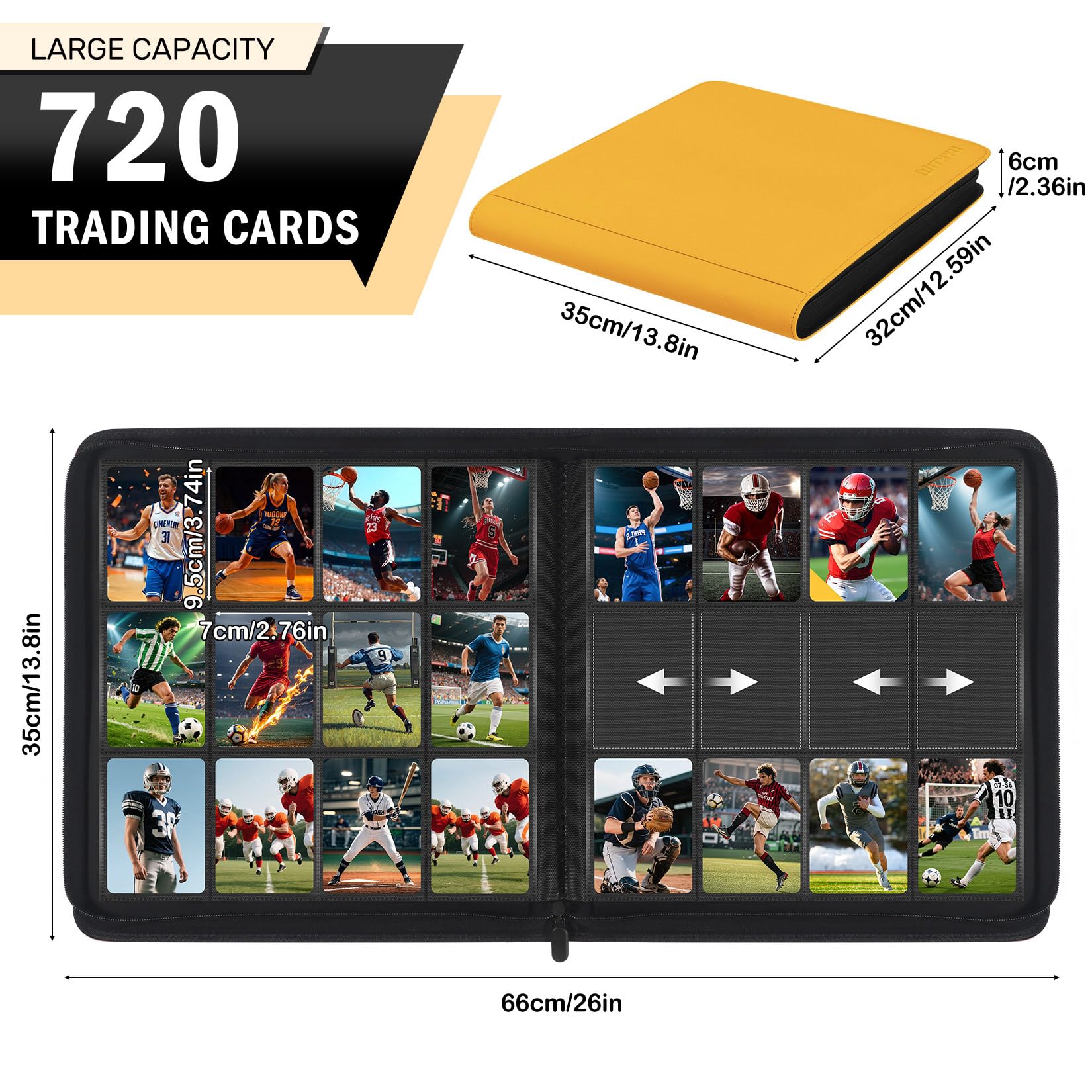 WITHYU Álbum de Colección de 12 Bolsillos, Capacidad 720Cartas, Carpeta Impermeable para Carpetas, Carga Lateral con Cremallera para TCG, Fútbol y Tarjetas Coleccionables, Portátil (Amarillo)
