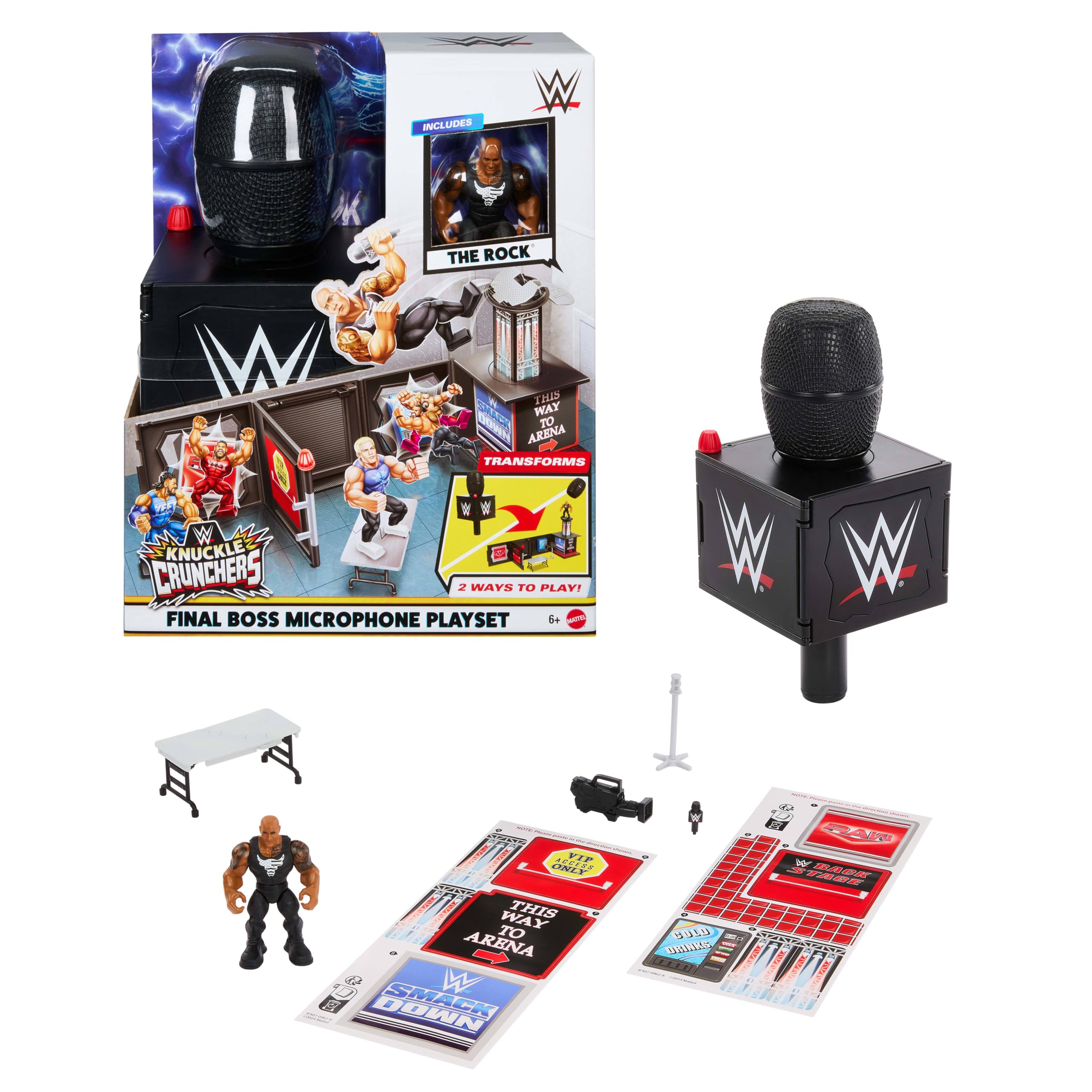 Mattel WWE Knuckle Crunchers - Microfono Campione Assoluto, set 2 in 1 con microfono e action figure personaggio The Rock da 8+ cm, 2 accessori inclusi, giocattolo per bambini, 6+ anni, JFX07