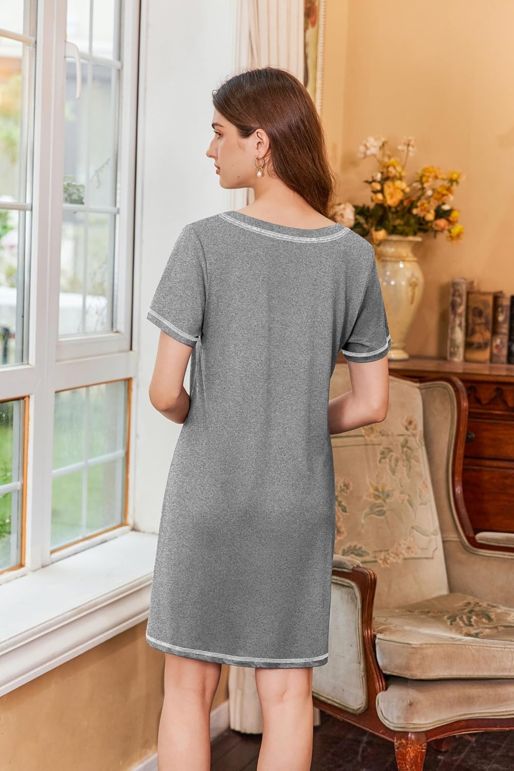 Ekouaer Nightgowns for Women Short Sleeve Sleep Shirts V Neck Nightshirts Soft Sleepshirt Caual T Shirt Sleepdress - Image 6