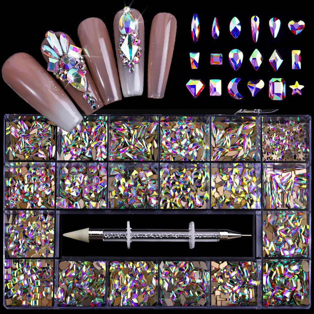 2500 piezas de diamantes brillantes de lujo para decoración de uñas, juego de decoraciones de cristal con diamantes de imitación, vidrio AB, 1 pieza de bolígrafo en caja de rejillas, 21 formas, transp