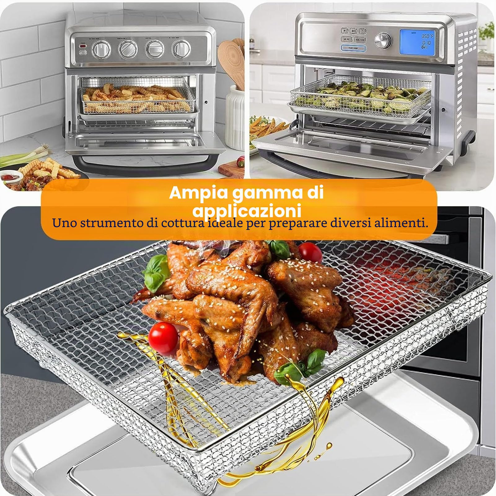 GCQ Cesto in Acciaio Inox per Friggitrice ad Aria, Padella Griglia, Sostituzione per Cuisinart Forno Mini ad Aria 7 in 1 17L TOA-60 65 70, Accessori in Rete, Lavabile in Lavastoviglie