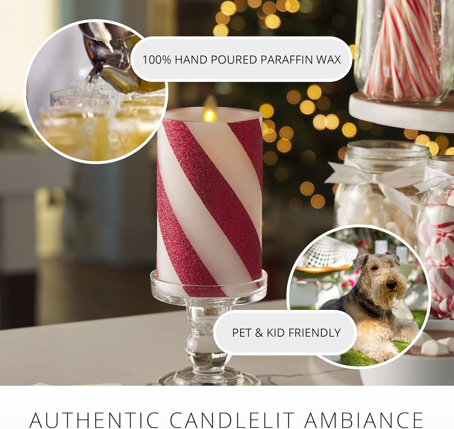 Luminara - Flameless Holiday LED Candle Battery Operated Moving Flame - Red Candy Cane - Pack of 1-5.5" - Unscented Indoor Realistic Flickering Safe