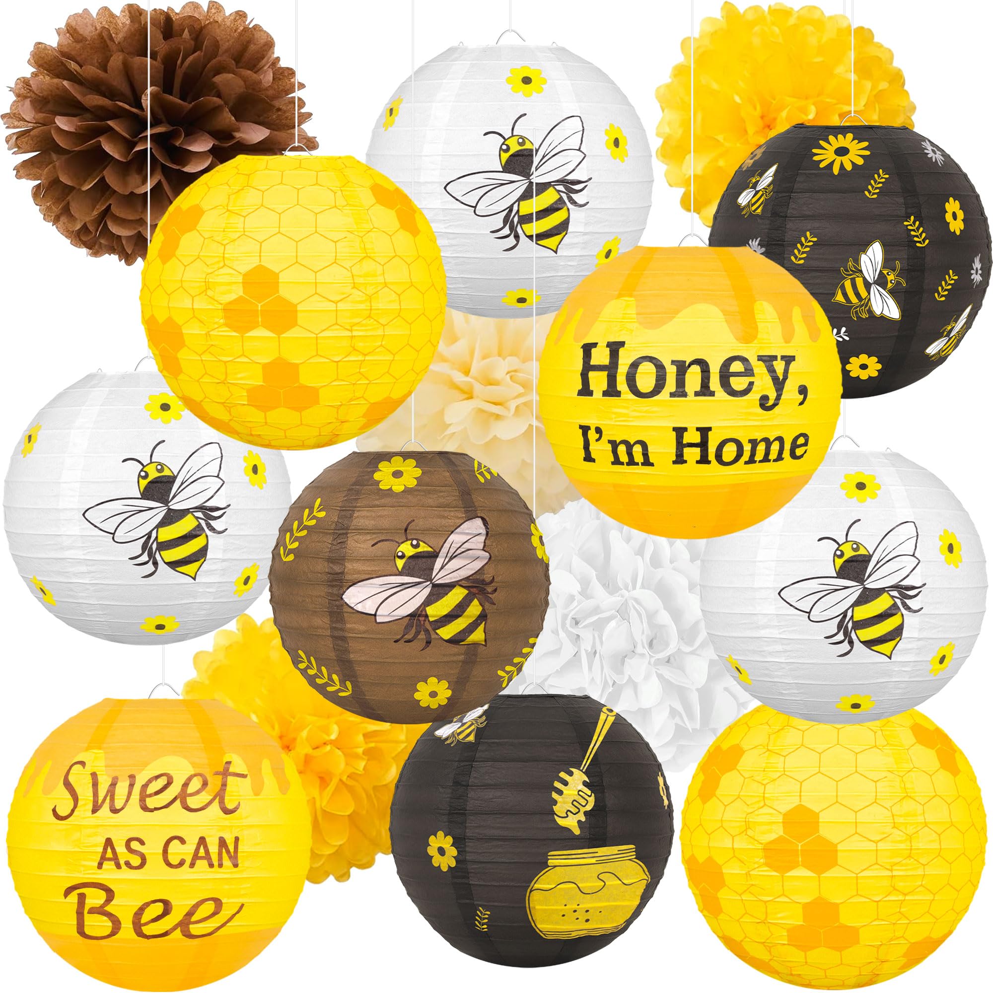 Photo 1 of 15Pcs Bee Party Decorations Hanging Paper Lanterns Tissue Pom Pom - Bees Themed Decor for Home Birthday Outdoor Indoor