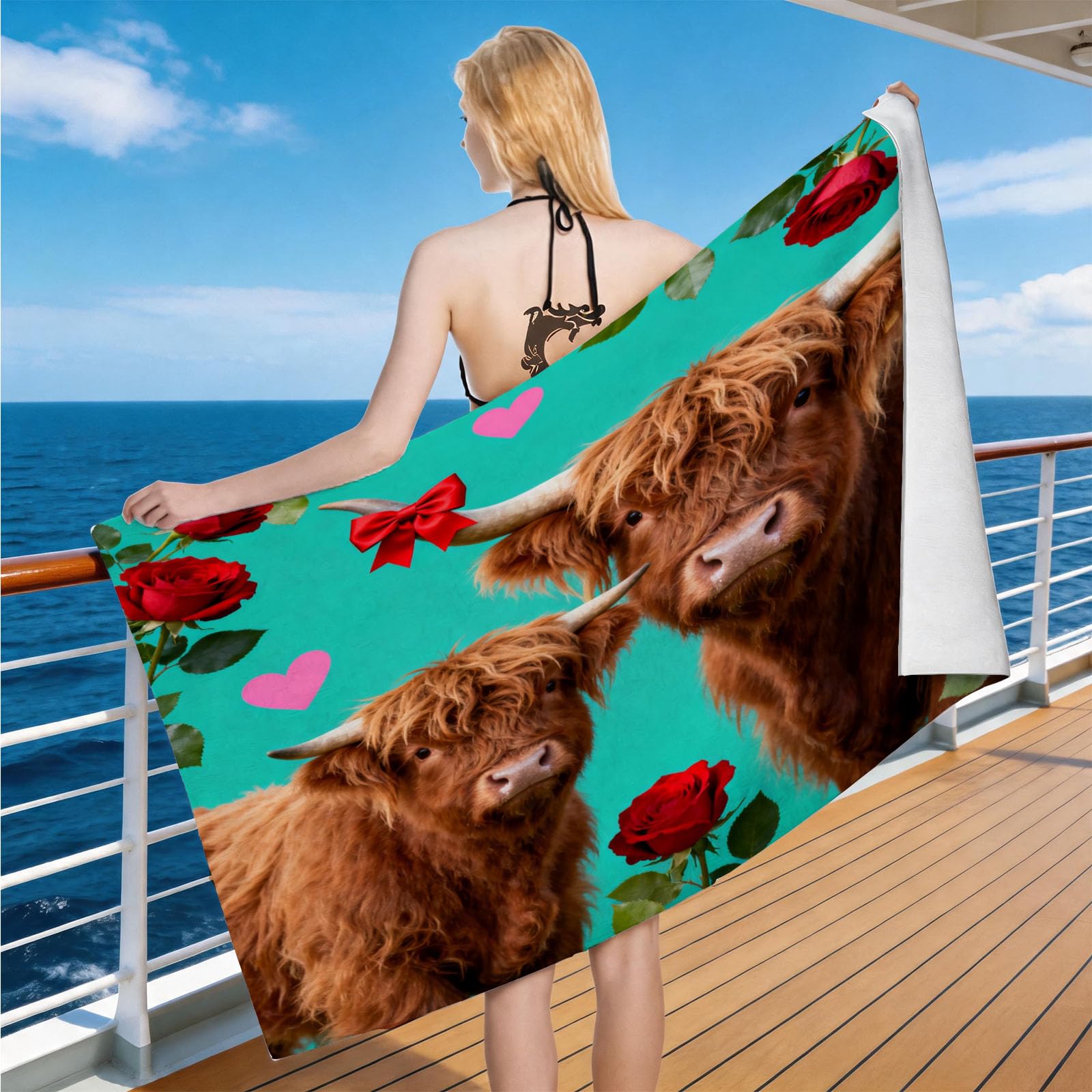 Hongduo Microfiber Quick Dry Beach Towel Cartoon Highland Cow, 3D Animal Beach Towels Absorbent Fast Drying Bath Towels, Travel Camping Gym Swimming Bathroom (90x180cm)