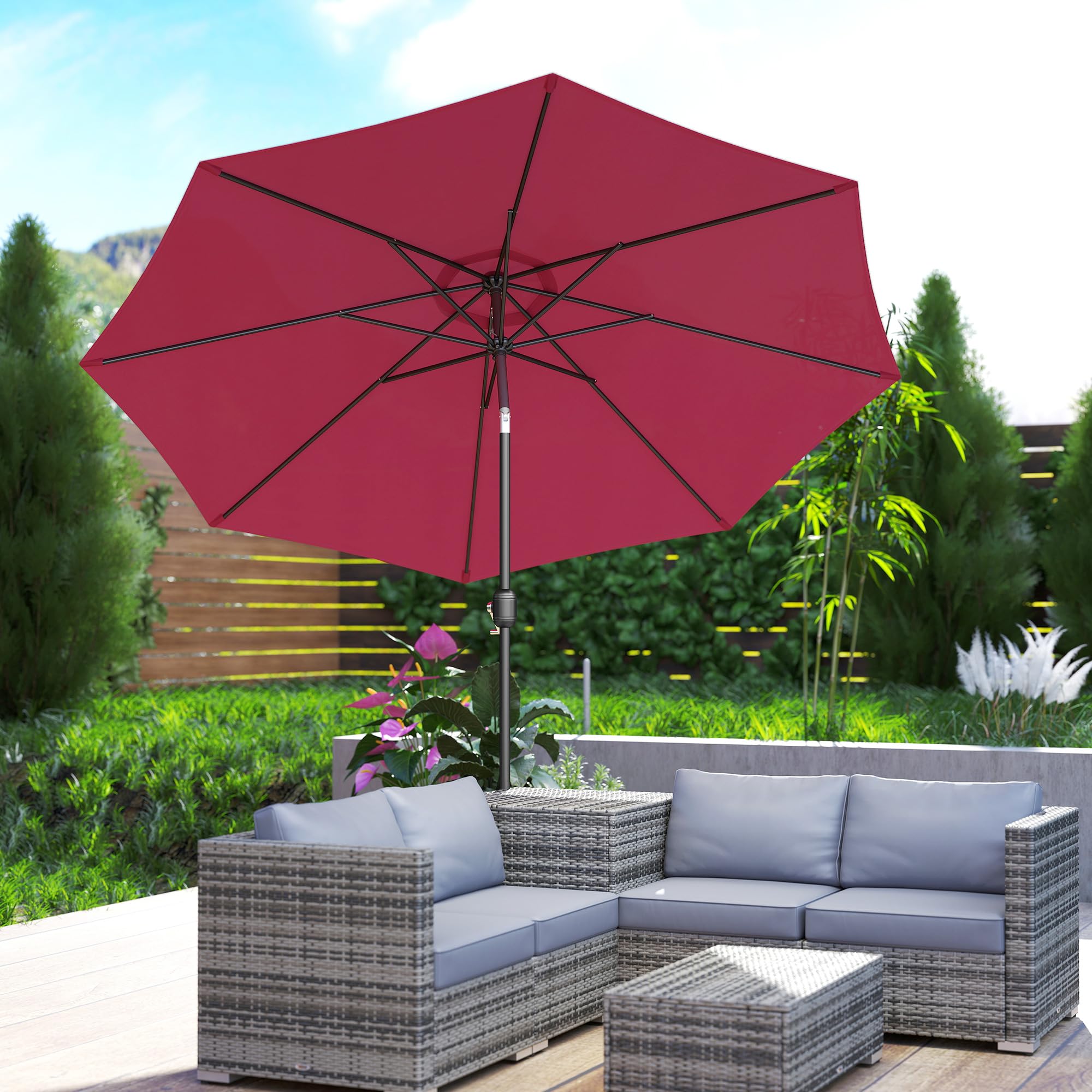 Outsunny Parasol de jardin extérieur Parasol droit inclinable Ø 3 m en métal Rond Polyester 180g/m² manivelle inclinable Bordeaux