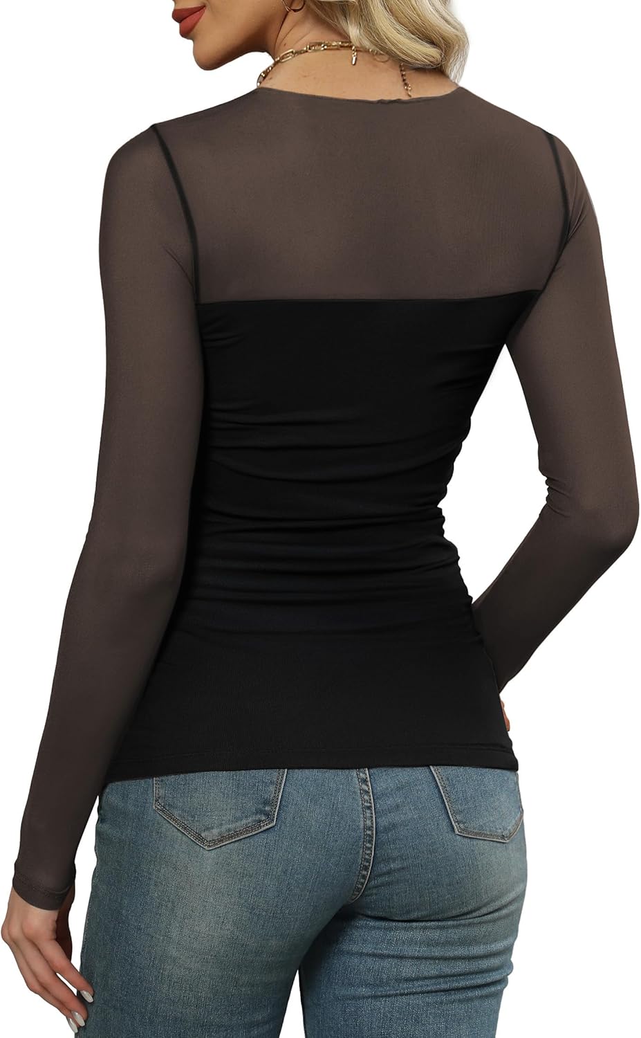 XIEERDUO Women's Sexy Sheer Long Sleeve Tops Crew Neck Mesh Ruched Going Out Shirts Blouse Date Night Outfits - Image 5