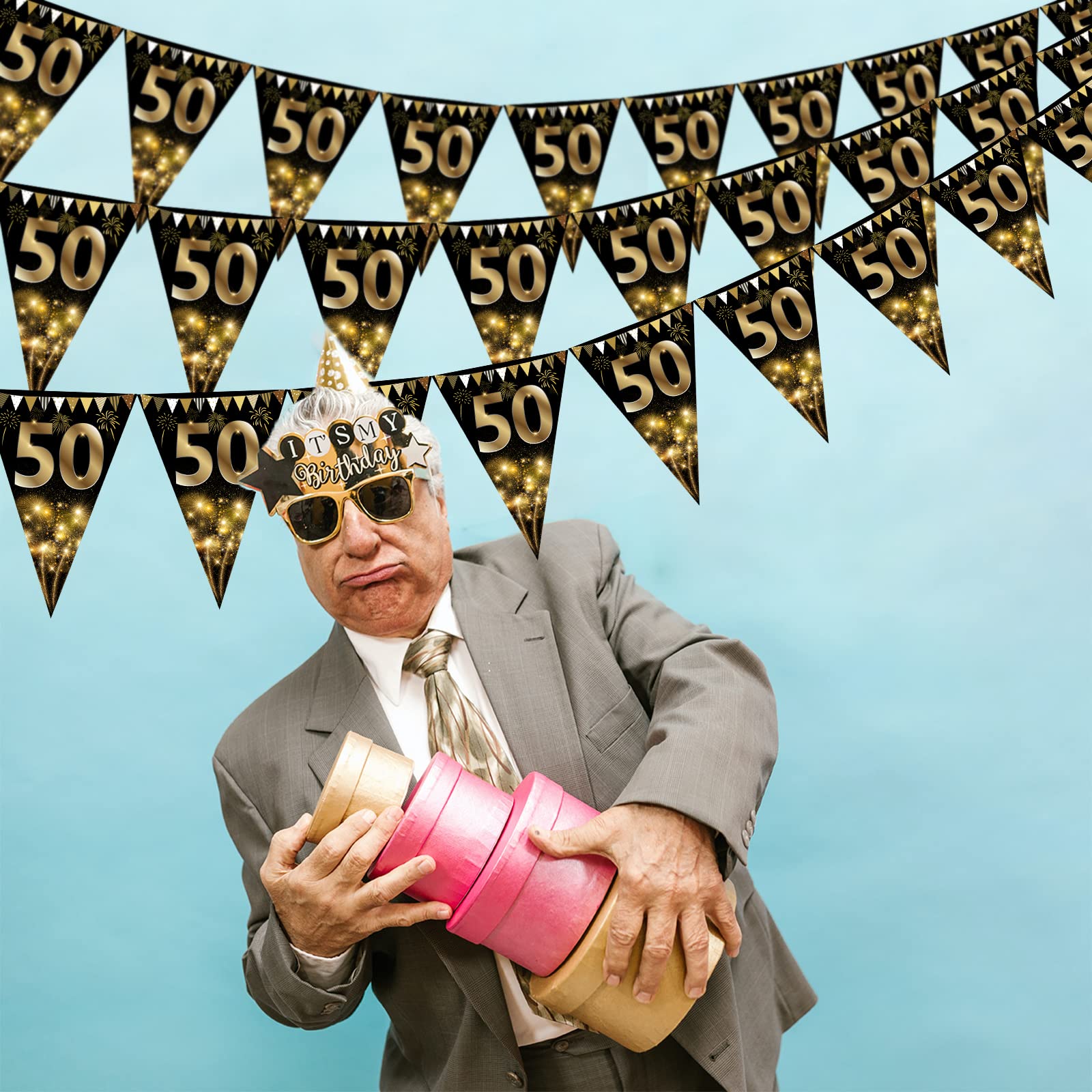 Wimpelkette Happy 60th Birthday – Gold-schwarz Glitzernd, 40 Dreiecke, 10 Meter Lang, Partydeko Für Männer & Frauen