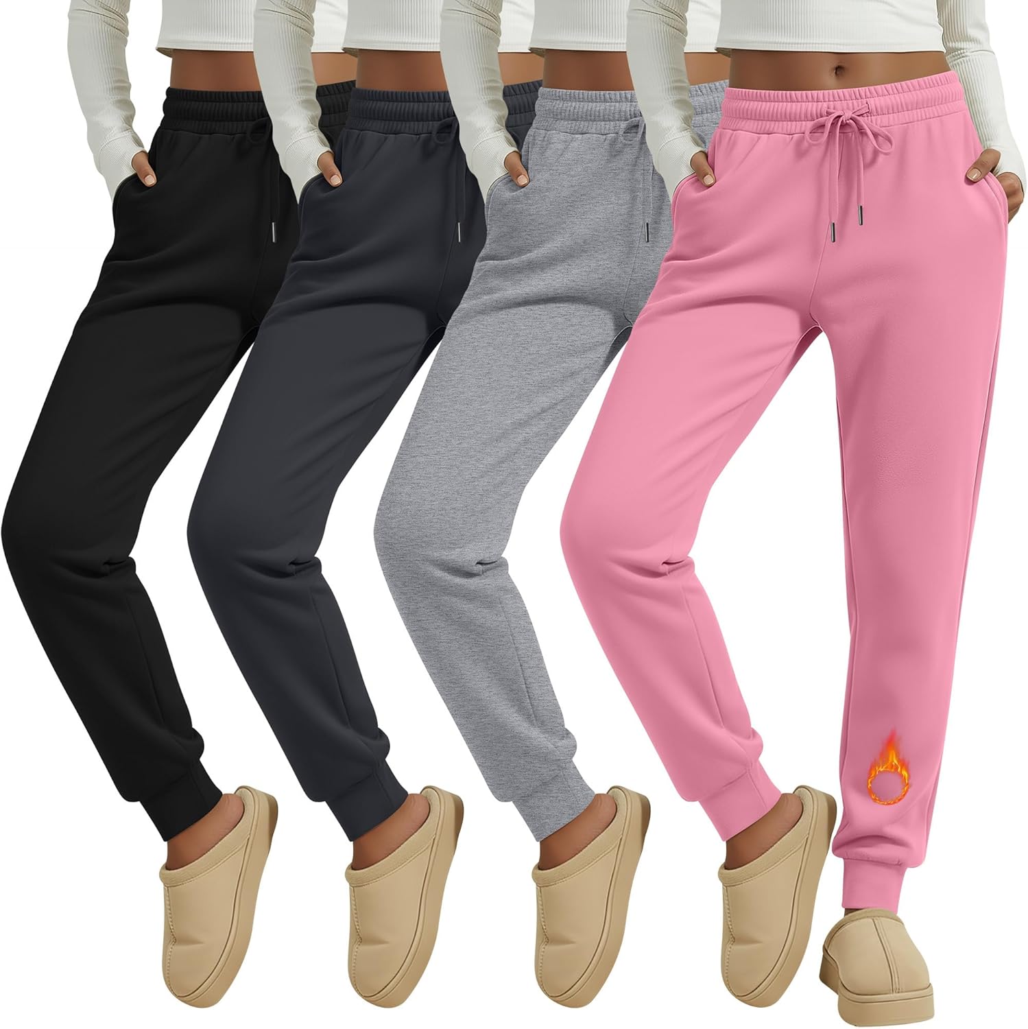 Oakgarden 4 Pack Women's Fleece Joggers Winter Drawstring Lounge Sweatpants Thermal Workout Yoga Pants with Pocket