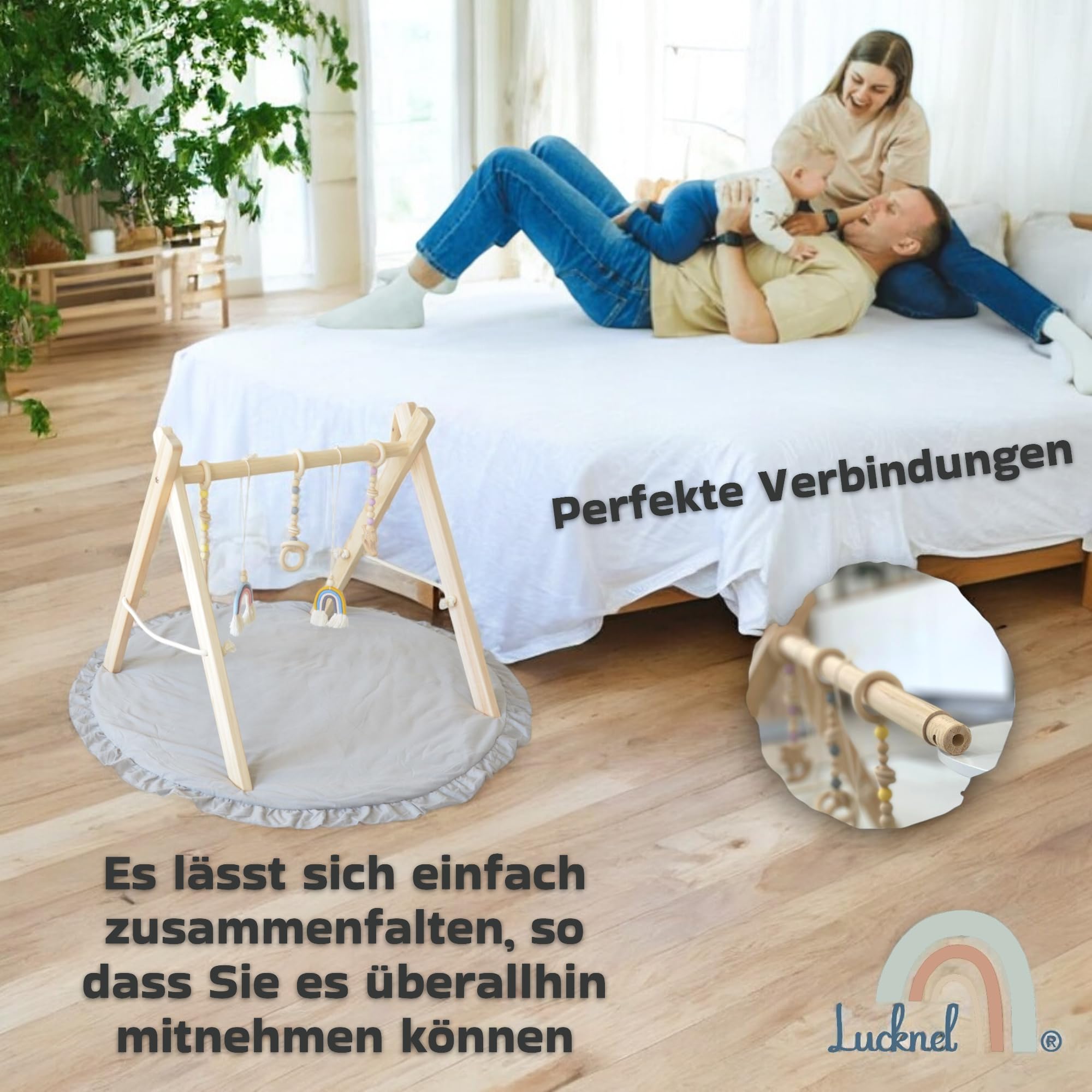 Montessori Spielbogen Baby aus Holz mit Spielmatte 90 cm – ab 3 Monate, 5 abnehmbare Hängespielzeuge, klappbar, naturbelassen – inkl. Stapelbecher Geschenk als Deko Akzent fürs Kinderzimmer