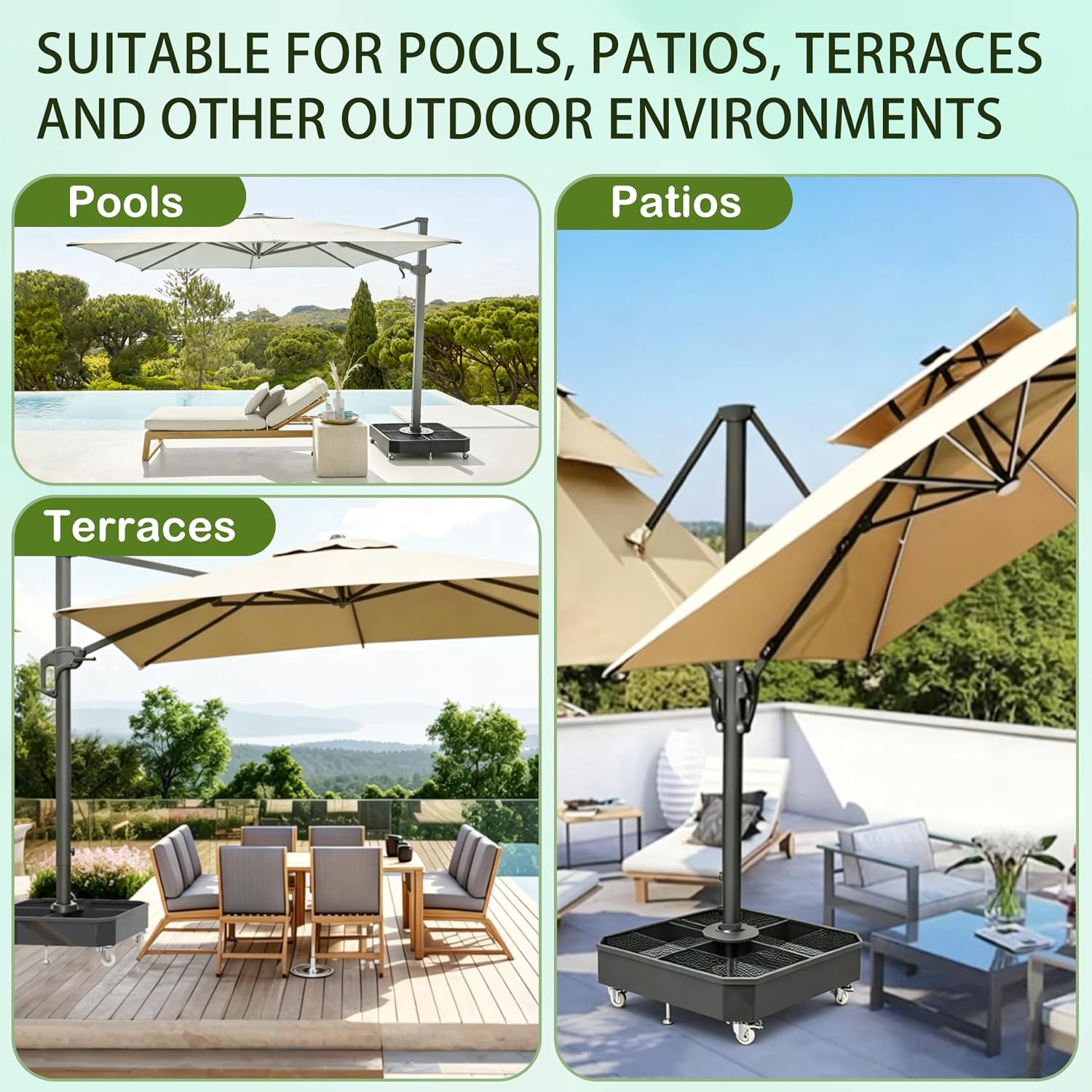 Patio Umbrella Base, 37.79" Square Heavy Duty Patio Umbrella Base with 4 Lockable Wheels 1100 LBS Capacity Steel Weighted Cantilever Offset Patio Umbrella Base for Rectangular Outdoor Umbrellas