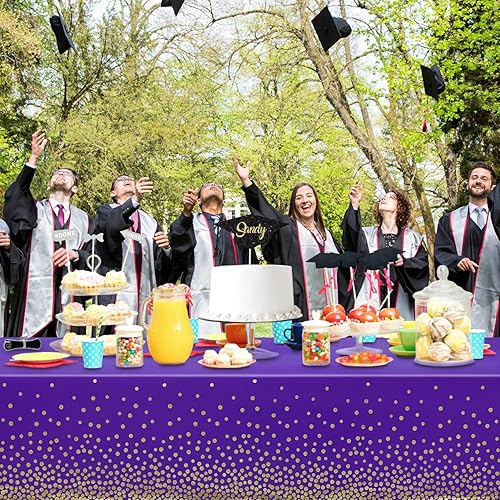 Miniatura 4 de Paquete de 6 manteles morados y dorados con puntos, manteles de plástico morados desechables para fiestas, 54x108 pulgadas, mantel rectangular