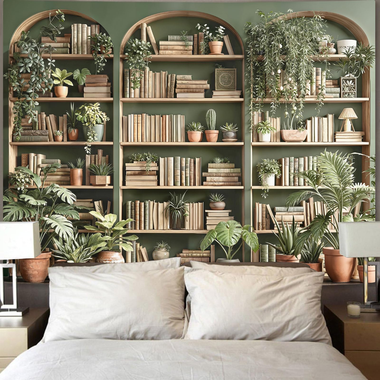 Accnicc Botanical Bookshelf Tapestry Lush Green Plant Book Shelf Tapestries Wall Hanging Art Vintage Retro Potted Plants Academics Library Book Tapestry for Bedroom Living Room Dorm 80 x 60 inch: Sage Green 80"L x 60"W