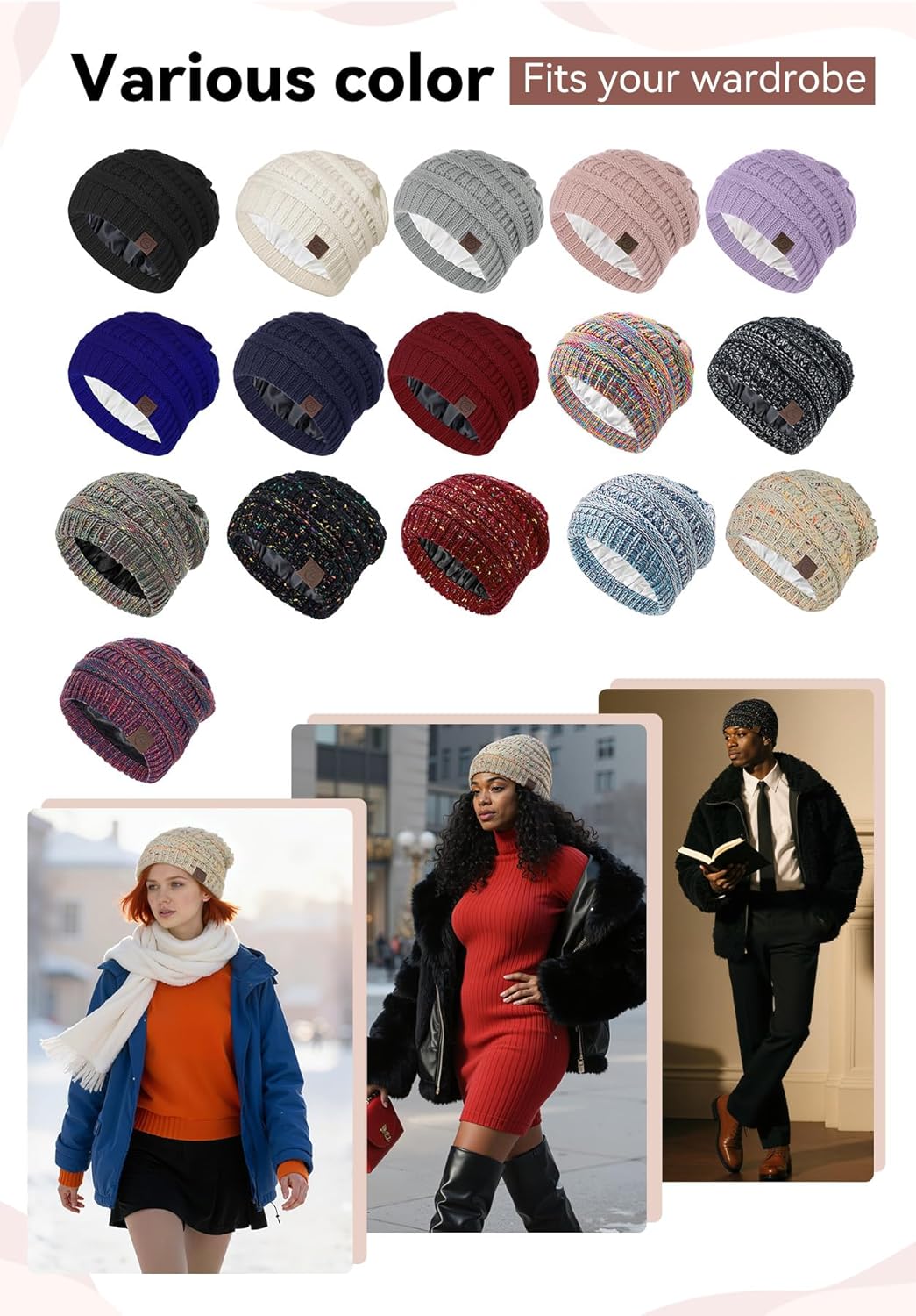 Zando Satin Lined Beanie for Women Men Teen - Slouchy Warm Winter Hat with Hair Protection Sleep Cancer Knit Skull Cap - Image 8