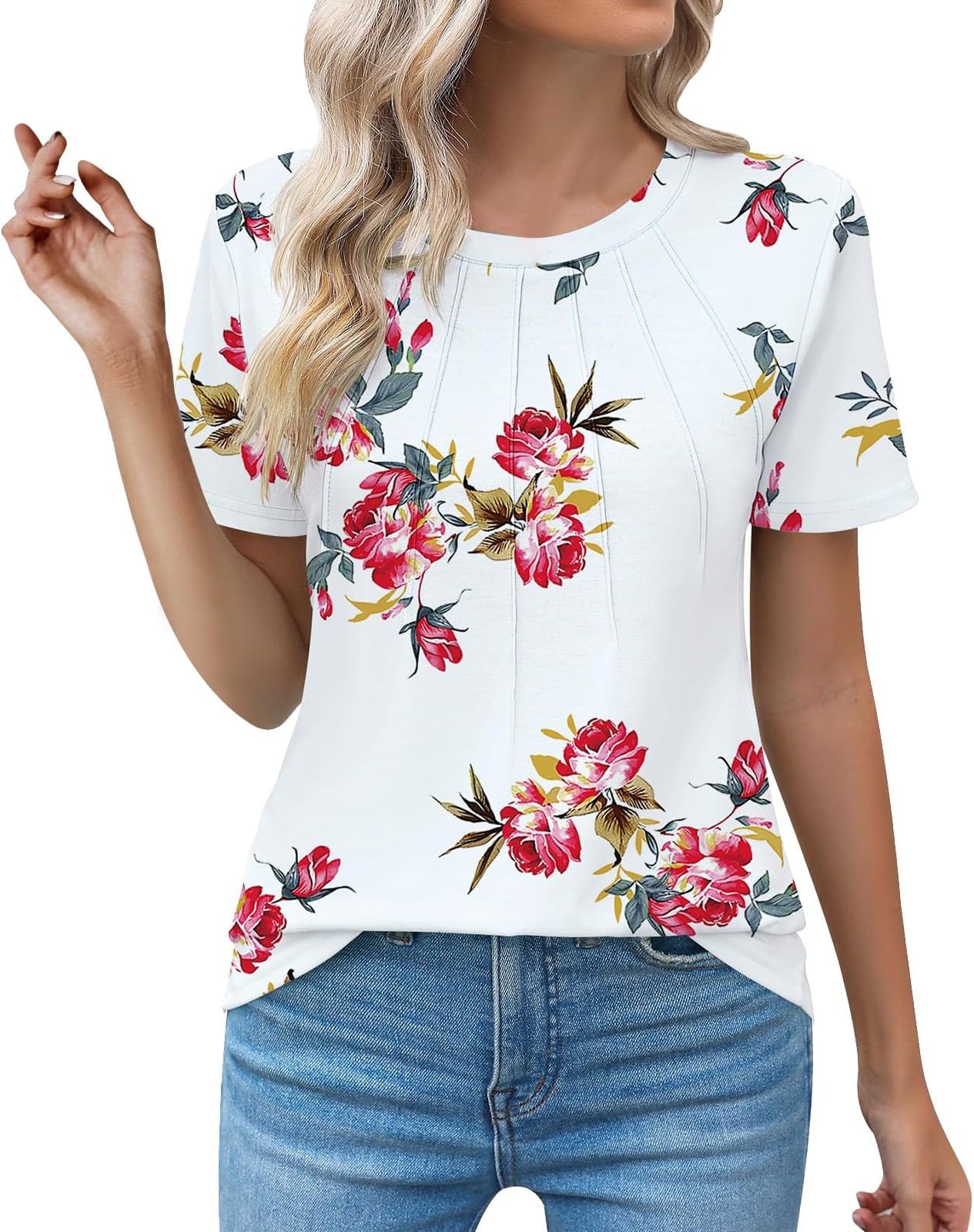 CocilaWomens Shirts and Blouse Sale Clearance Ruched Round Neck Blouse Tees for Women Solid Color Loose Short Sleeve Tops Summer Classic T-Shirt Casual Pleated Ladies Tunic Tops