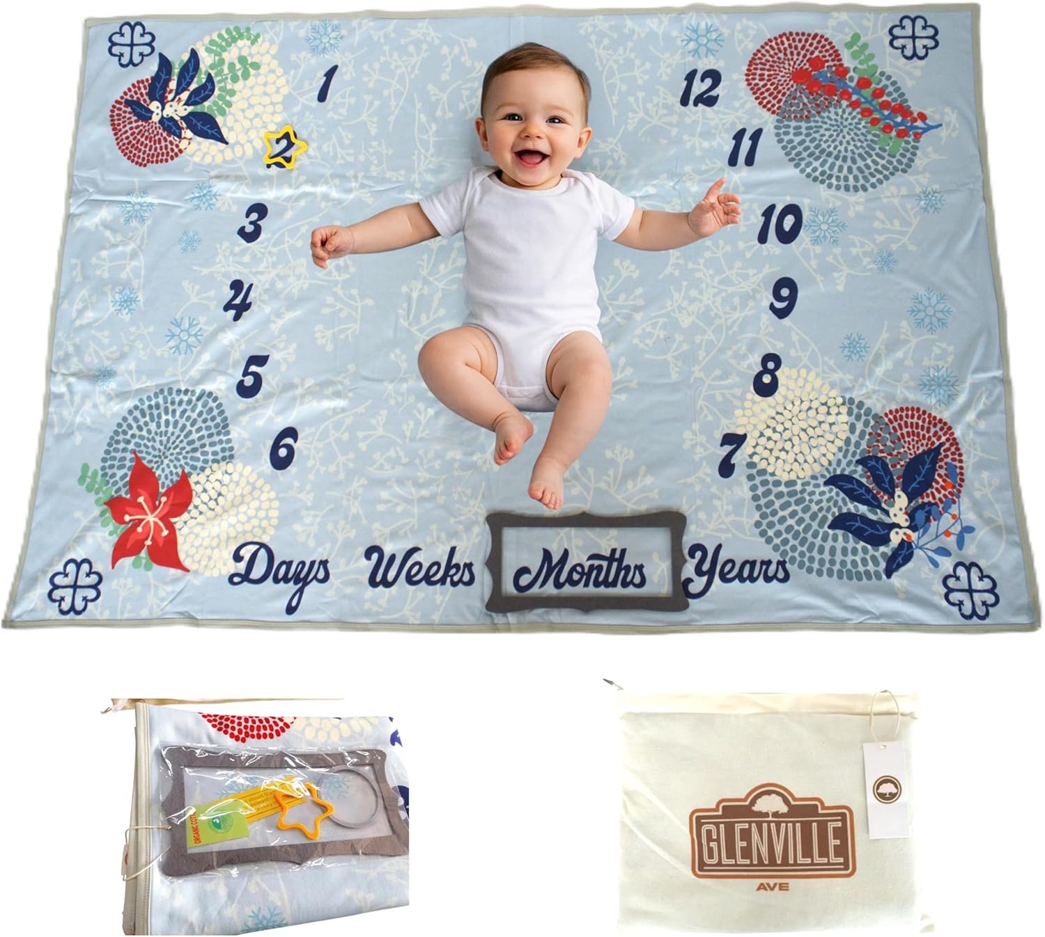 Organic Baby Milestone Blanket, 40x60 Reversible Blanket, Premium GOTS-Certified Organic Cotton, Hypoallergenic & Sensitive Skin-Safe, Monthly Photo Blanket, Storage & Travel Case