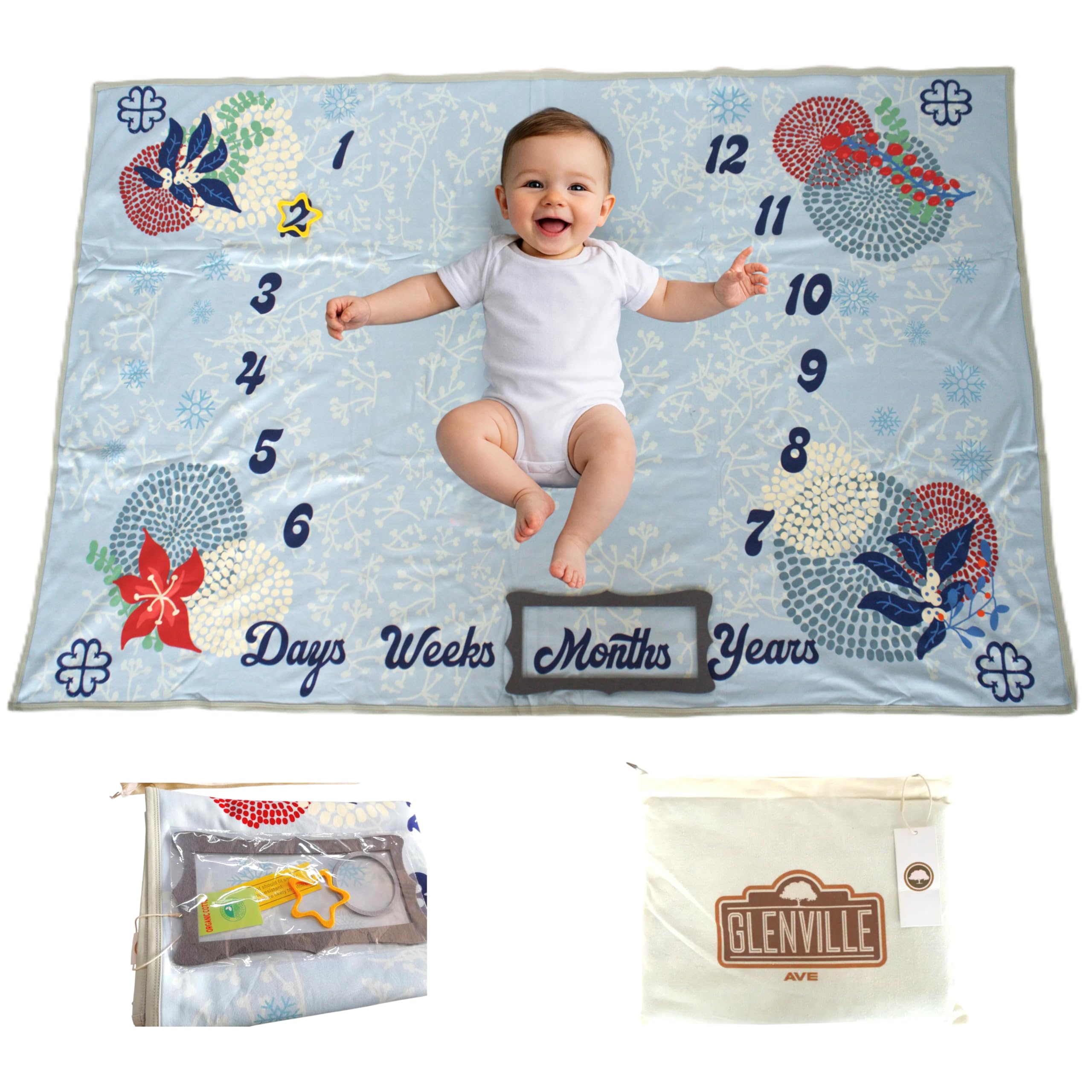 Glenville Ave Organic Baby Milestone Blanket, 40x60 Reversible Blanket, Premium GOTS-Certified Organic Cotton, Hypoallergenic & Sensitive Skin-Safe,