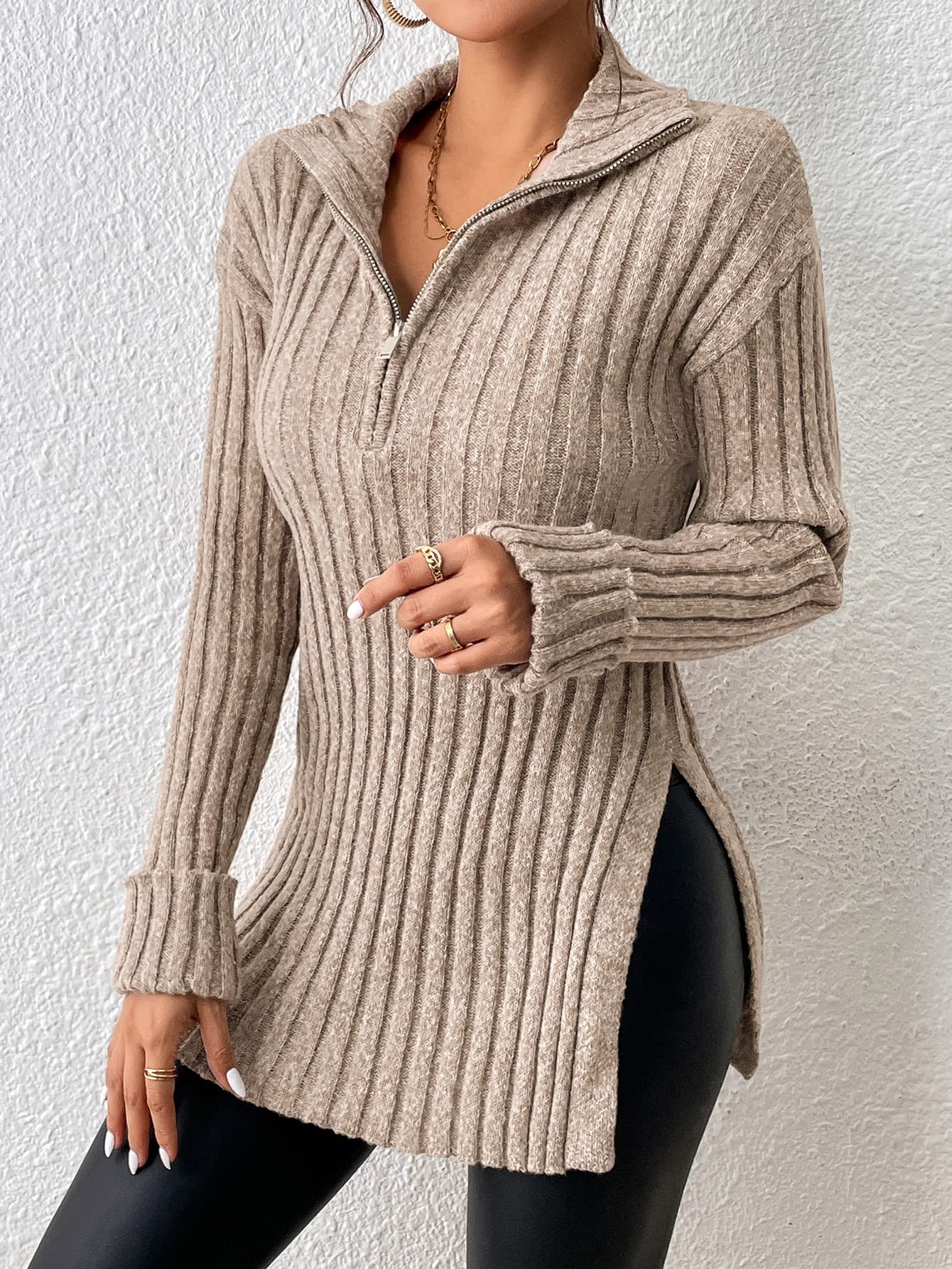 LITHYCWomen's Sweater Half Zip Drop Shoulder Split Hem Sweater Sweater for Women (Color : Khaki, Size : Small)