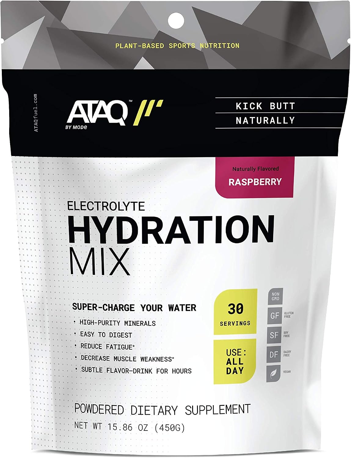 ATAQ All-Natural Electrolyte Hydration Mix, Raspberry, Hydra 4G Mineral Blend, Betaine to Aid Metabolism, No Artificial Sweeteners, Gluten-Free, 450g Pouch