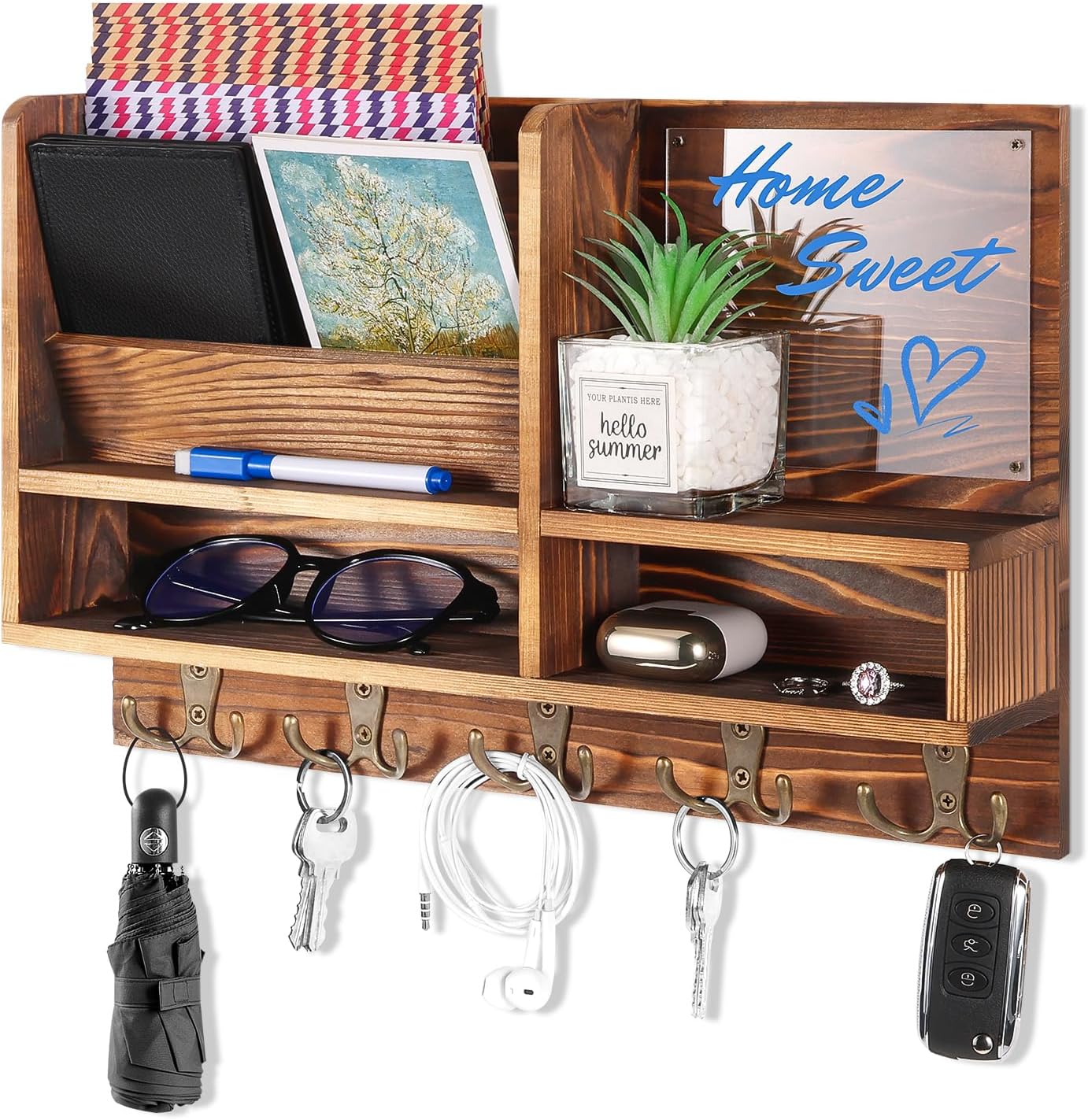 Key Holder Wall Mount, Mail Organizer Wall Mounted, Solid Wood Key Holder for Wall Living Room Entryway Home Decor, with 10 Key Hooks, Shelf, Marker Pen, 15.7" x 10.2" x 2.8"