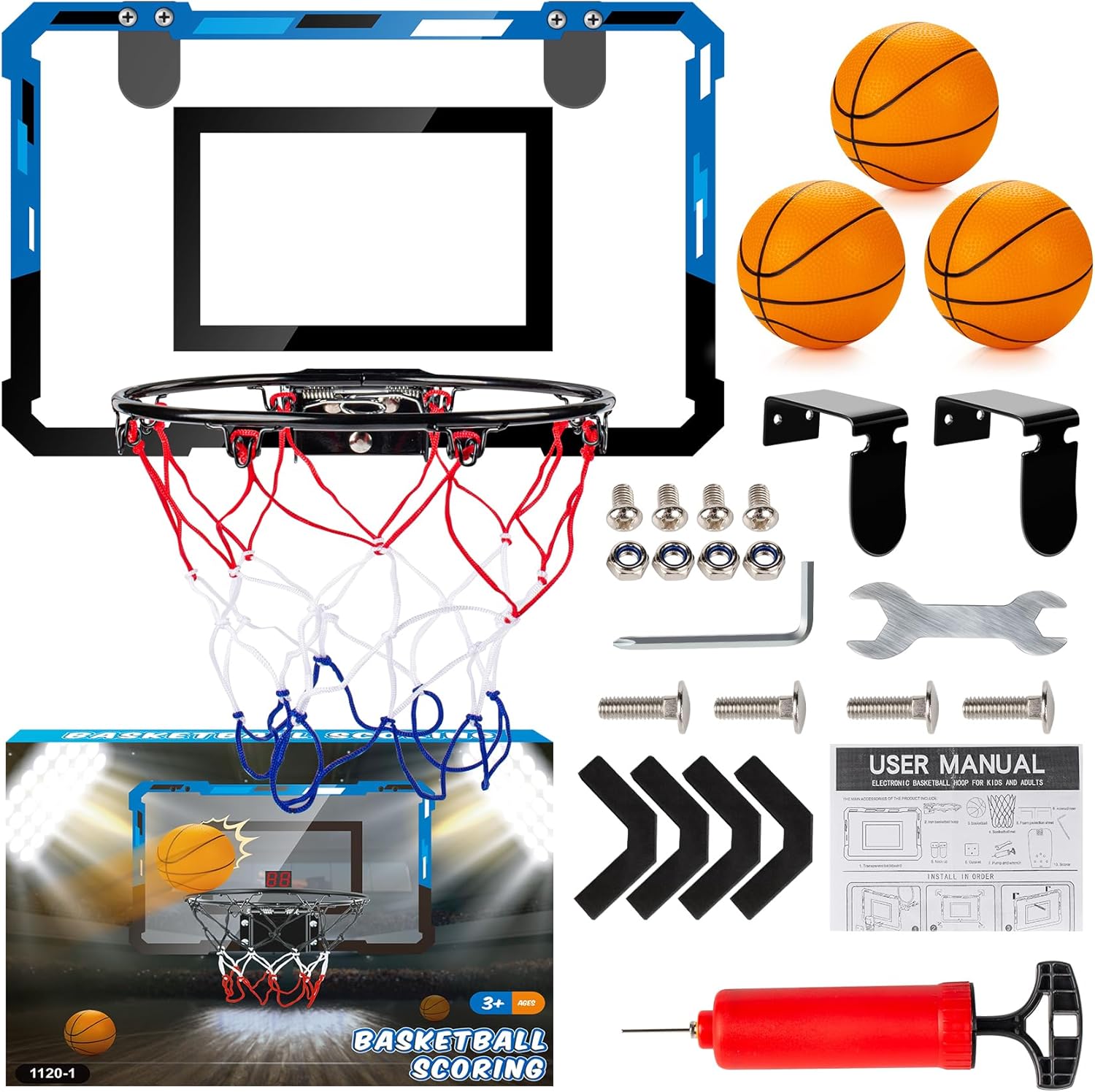 Basketball Mini Hoop Indoor Boys Gifts for Kids Adults, Door Room Mini Hoop with Balls, Basketball Accessories for Teen Boy Gifts, Blue