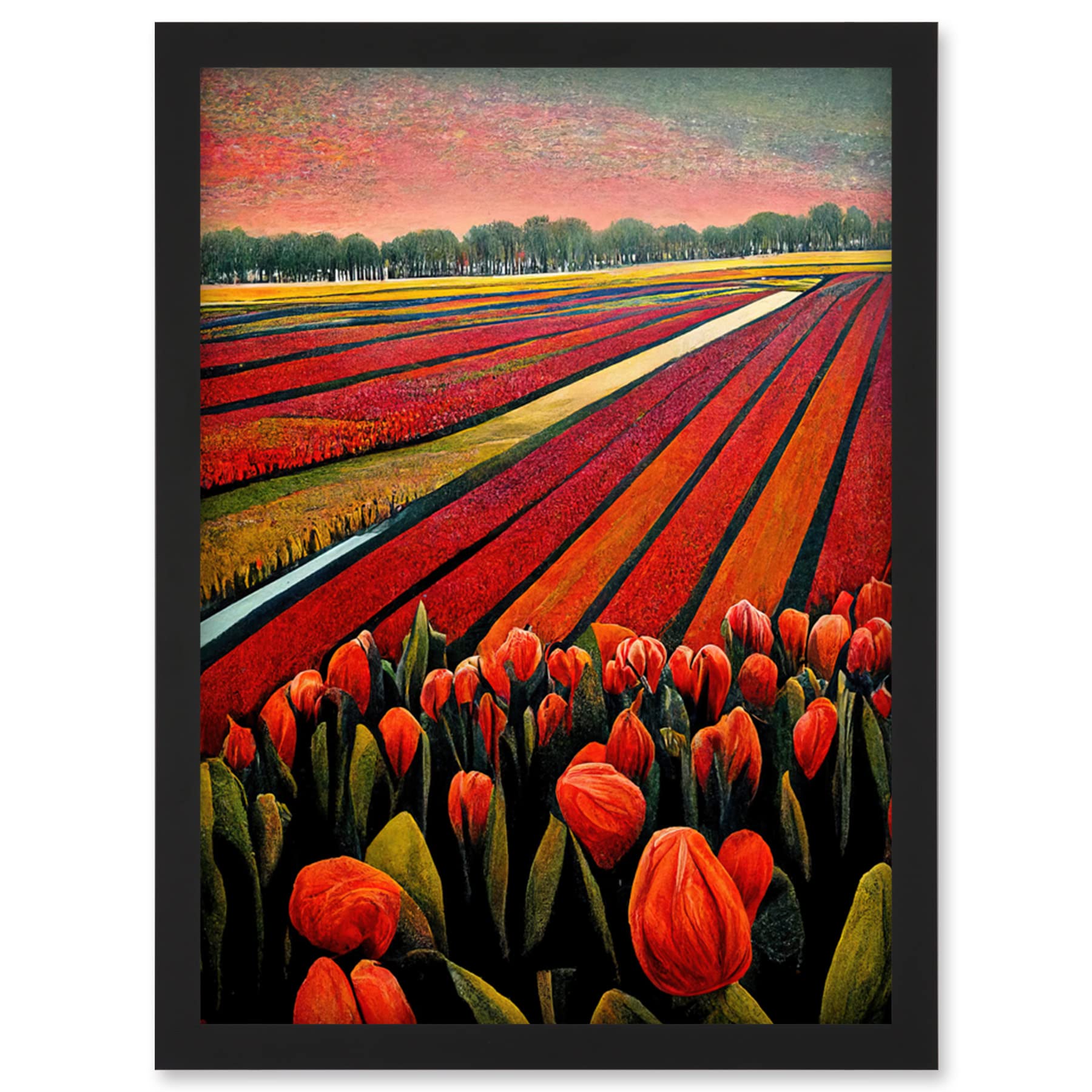Doppelganger33 LTD Red Tulip Fields Of Holland Netherlands Modern Oil Artwork Framed Wall Art Print A4