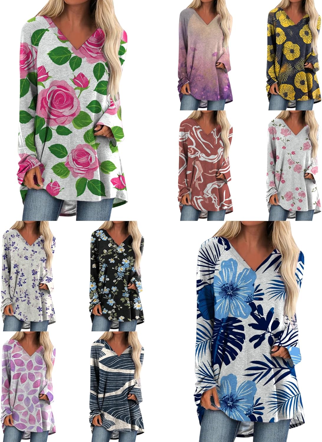 MARSVOVO Classic V Neck T Shirts for Women High Low Curved Hem Baggy Long Sleeve Tunic Flowy Elegant Tops - Image 3