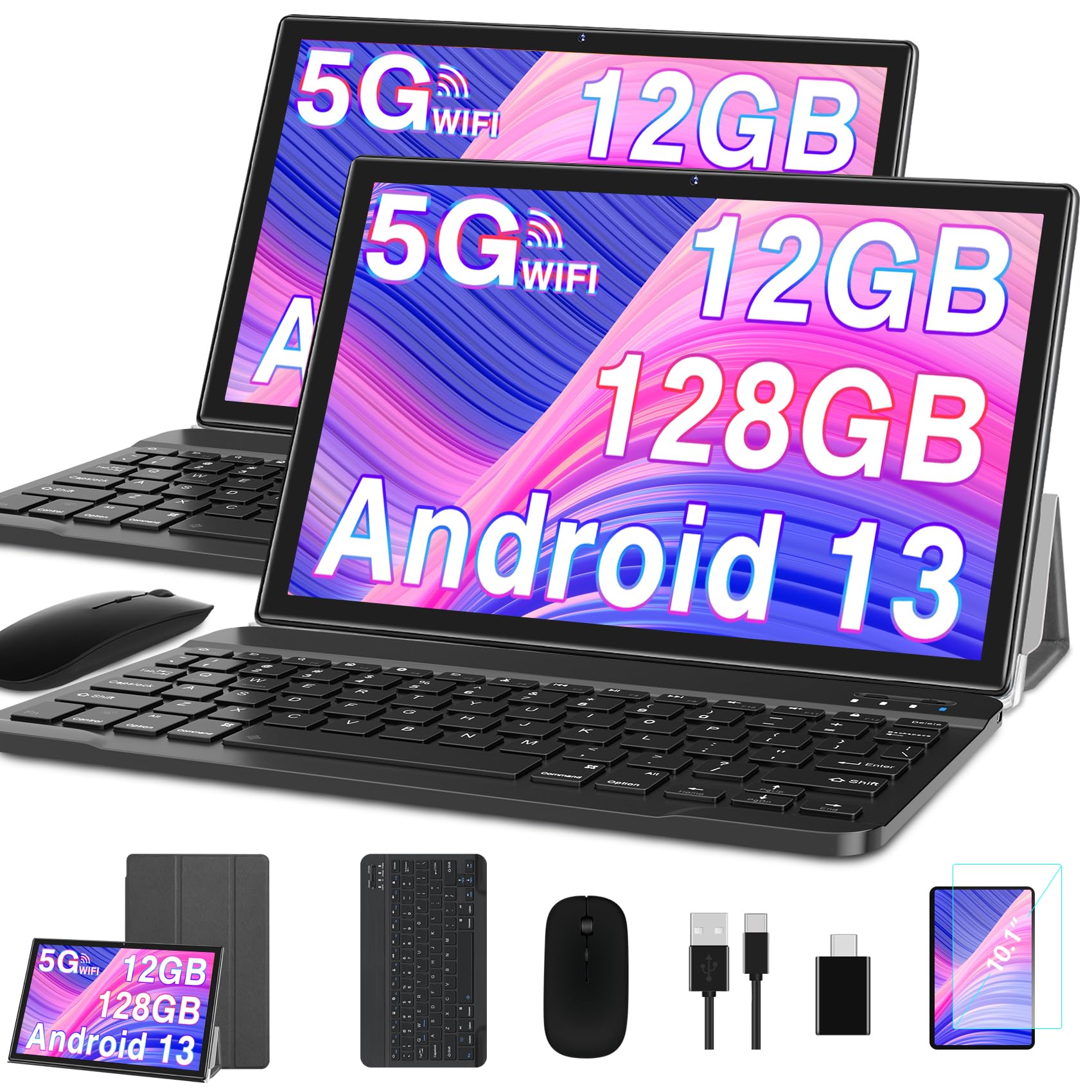GOODTEL Tablet 10 Pollici | Android 13 | 12GB RAM 128GB ROM(1TB TF) | Octa-Core | WiFi 5G | GPS | FHD | Bluetooth5.0 | 8MP+5MP | Tipo C | OTG | Cast | Tablet PC con Custodia, Tastiera e Mouse - Grigio