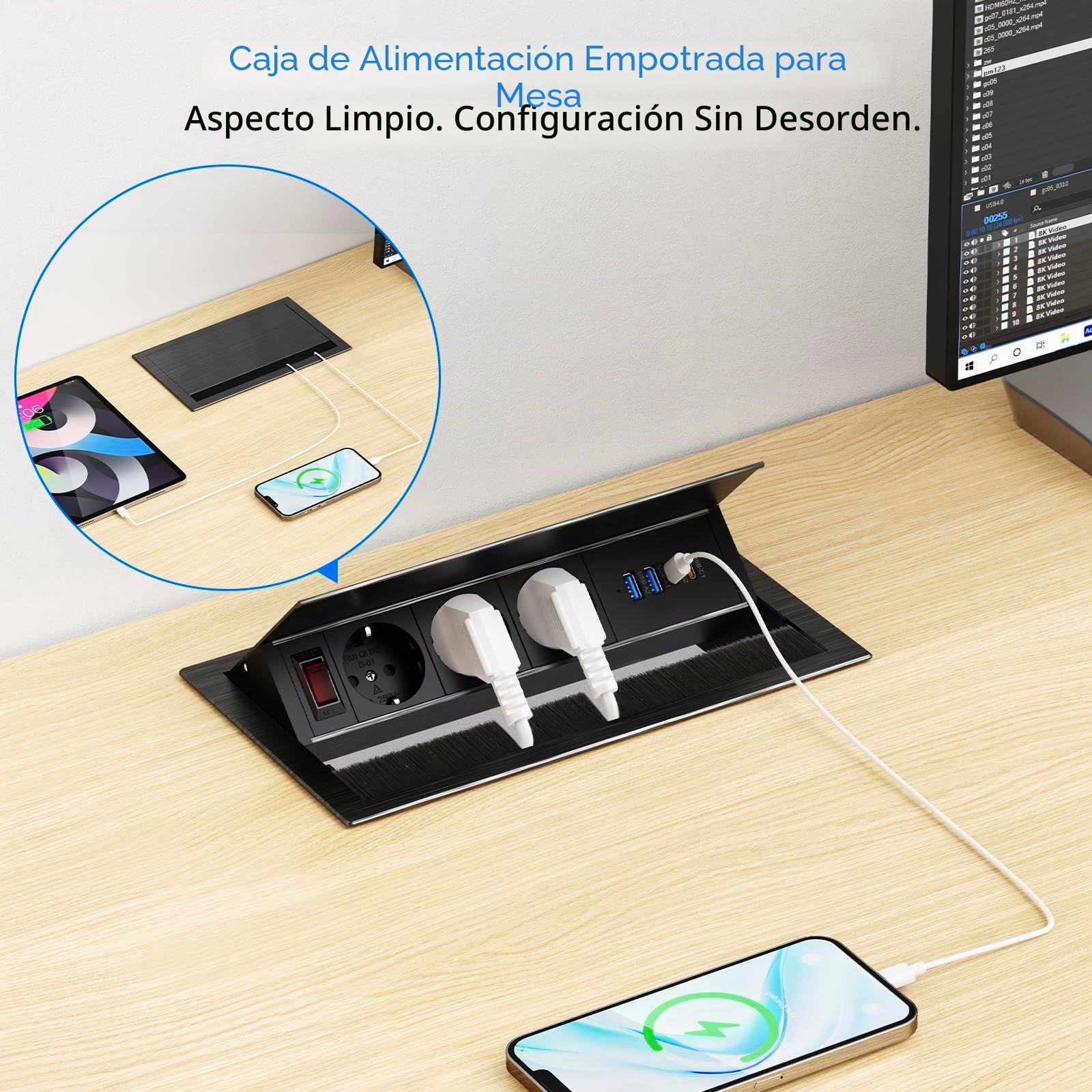 Enchufe empotrable con 2 USB-C PD 30W y 3 Tomas, Aluminio | Regleta empotrable con 4 USB, 2 USB-A QC18W, tapa abatible ajustable, cable 1,8 m, escritorio y cocina, negro