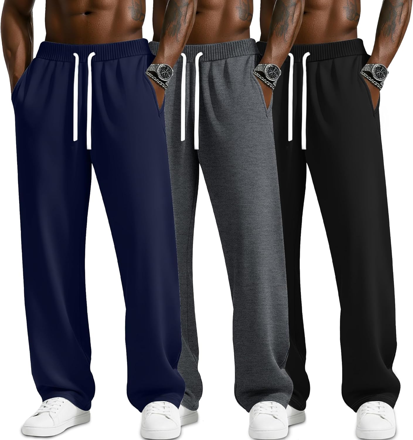 JoyMotion 3 Pack Men's Sweatpants Lightweight Wide Leg Drawstring Open Bottom Pants Baggy Athletic Joggers Lounge with Pocket