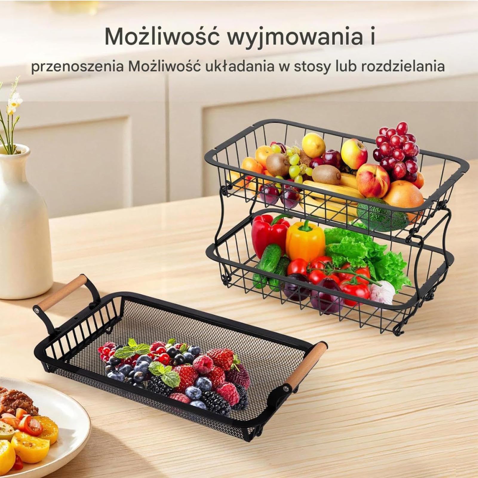 Fruit Basket, Spacious Display, bac de rangement de fruits, 3 niveaux avec rack accrochant, support en métal robuste, design élégant de ferme pour snack et végétal à la maison