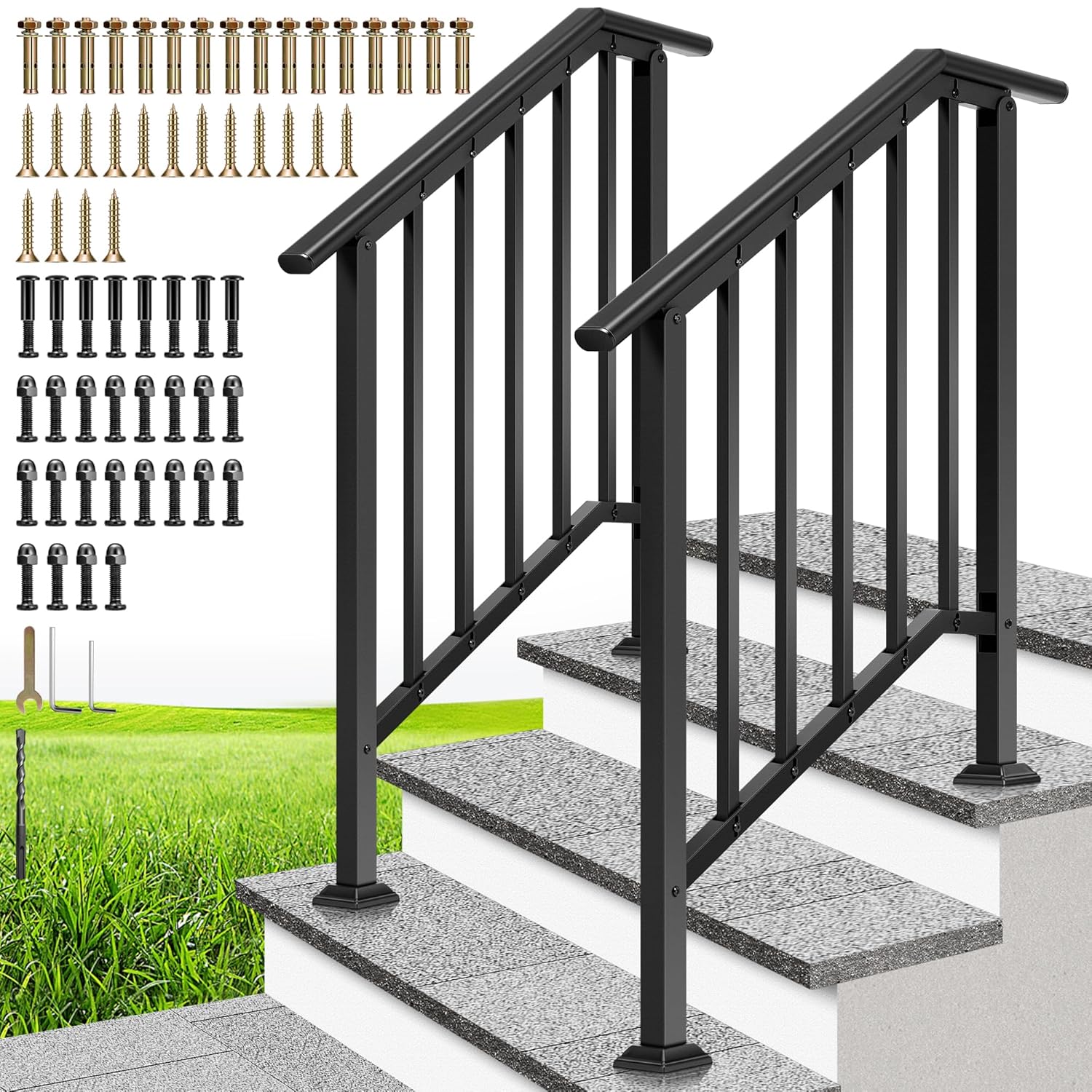 vivohome 2-pack 3 step galvanized steel hand rails for outdoor steps – black oval and safety balusters exterior railing for porch, deck, or indoor stairs, complete installation kit 3 step straight-oval with balusters