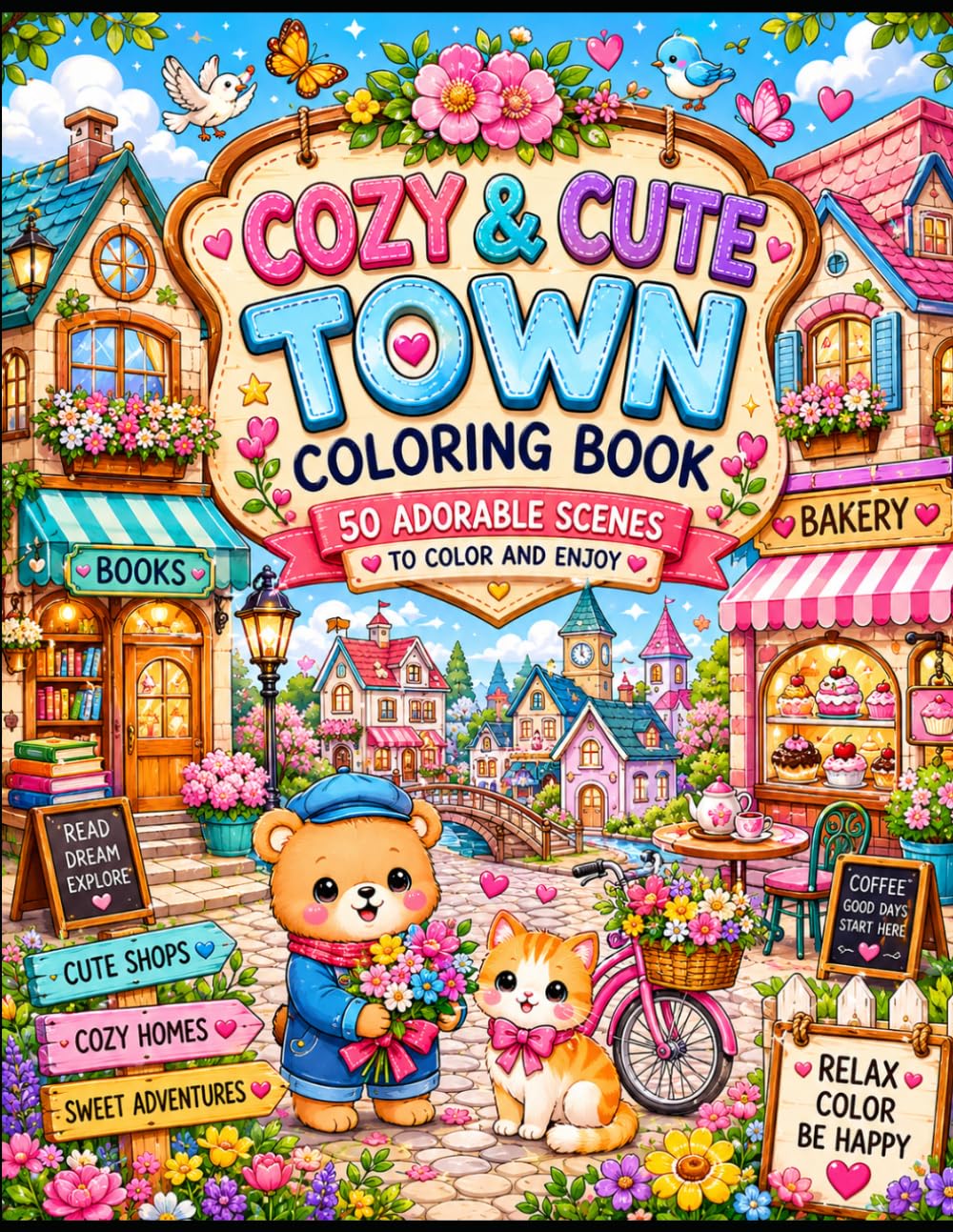 Cozy & Cute Town Coloring Book: 50 Adorable Scenes to Color and Enjoy | Cozy Shops, Sweet Homes, Charming Streets & Relaxing Adventures for All Ages