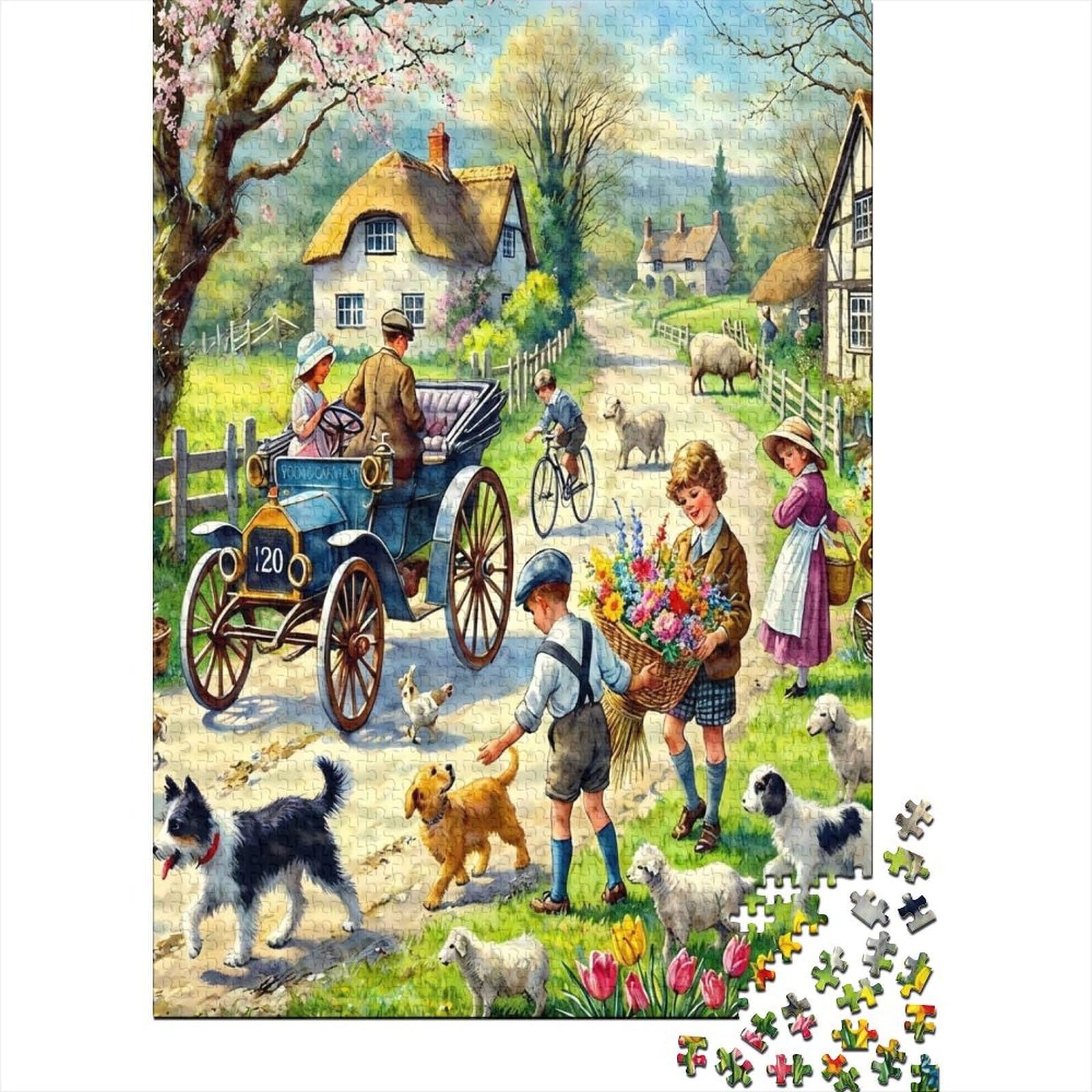 Vintage Village 1000 Piece Jigsaw Puzzle Cardboard for Adults Countryside Scene Challenging Details Wall Art Decor Stress Relief