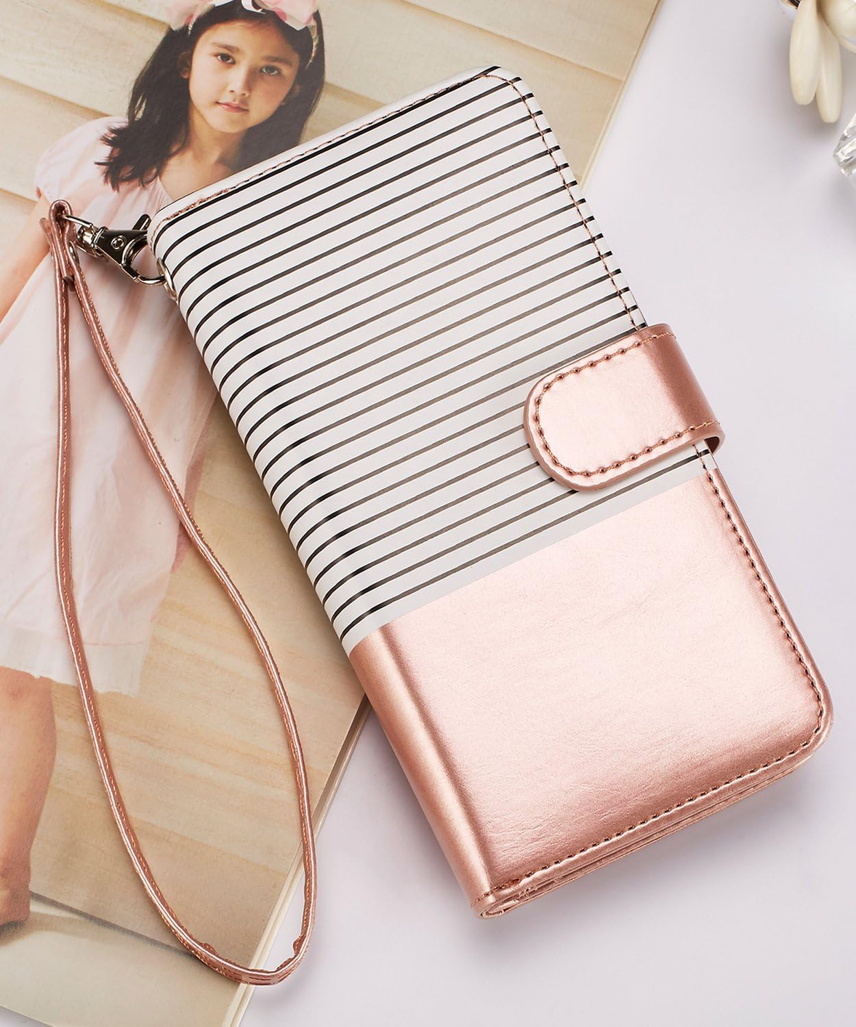 FLYEE Case Compatible with Galaxy S9(5.8 inch,Released in 2018),Wallet Case for Women and Girls with Card Holder,[Detachable 2in1] 9 Card PU Leather Protective Case and Wrist Strap-Striped Rose Gold