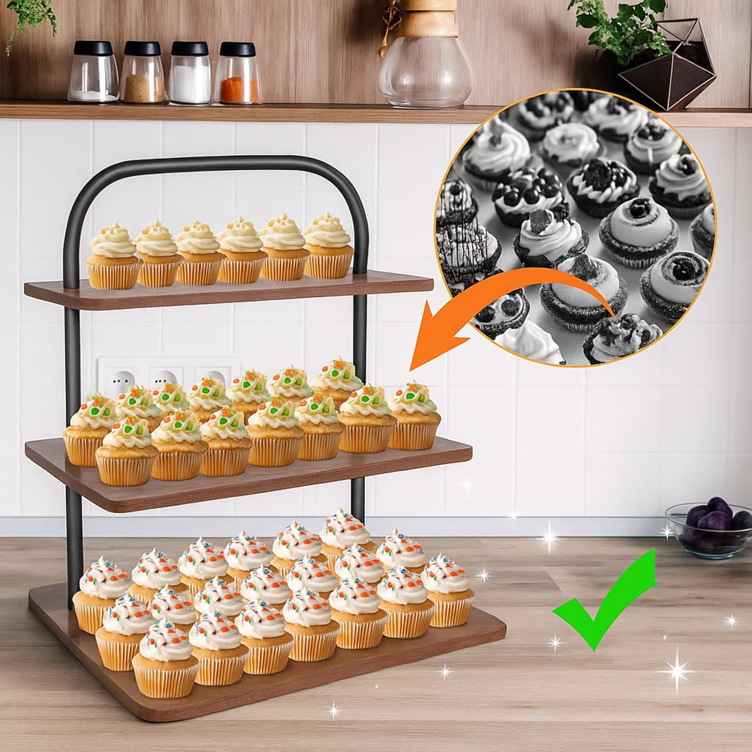 Wenqik 2 Sets Cupcake Stands, 3 Tier Large Cupcake Stand for 50 Cupcakes, Rustic Square Wooden Dessert Display Stand, Table Display Sets Tower Tiered Trays for Wedding Birthday Party Decor