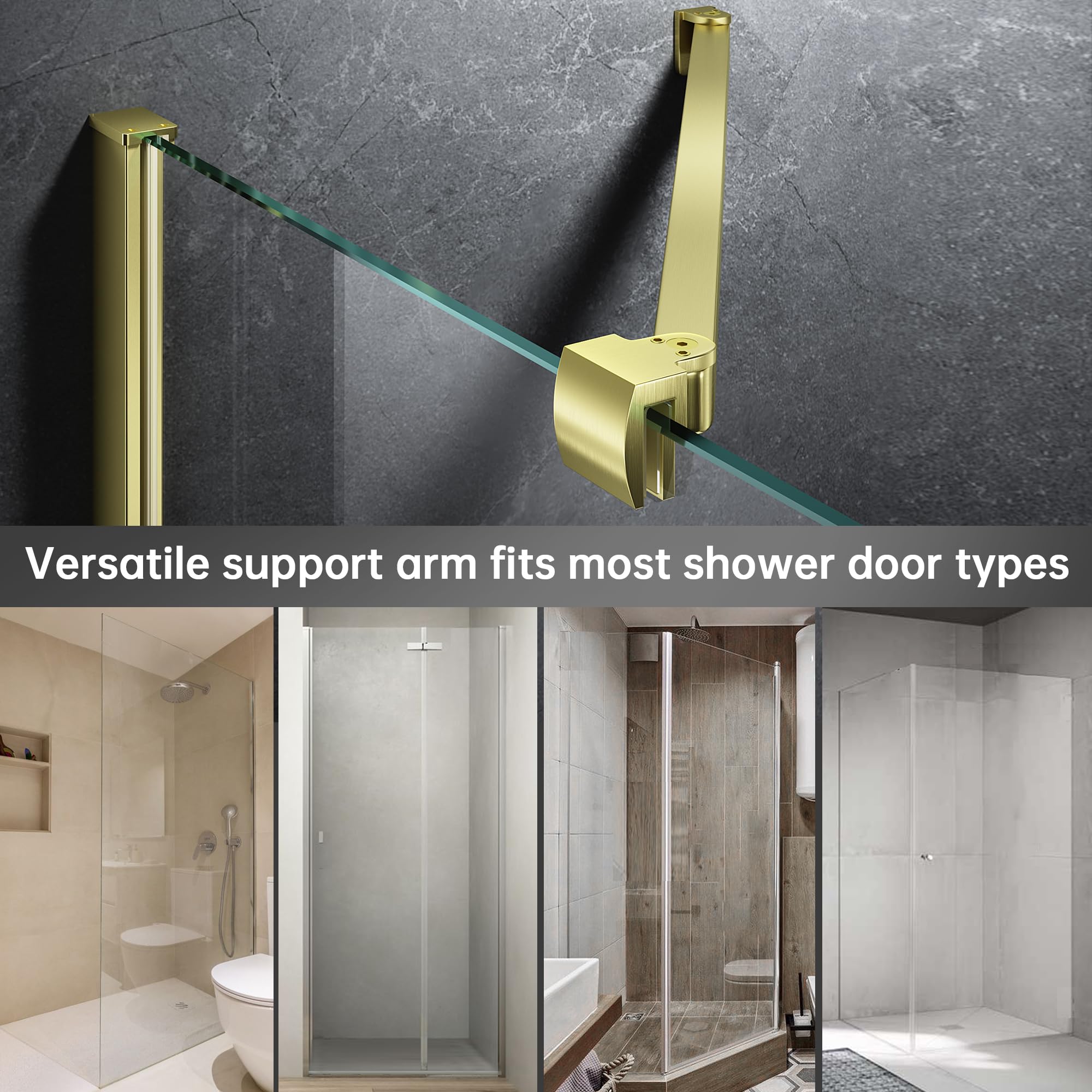 Barra de soporte para puerta de ducha sin marco, brazo de soporte de pared a vidrio de acero inoxidable para panel de vidrio de ducha fijo, para vidrio de 6-10 mm, pivote de 180° y modo plano (oro