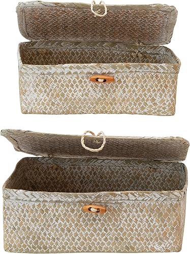 Miniatura 6 de Creative Co-Op Cajas de pastos marinos tejidas a mano con tapas y cierre de palanca, blanqueadas, juego de 2