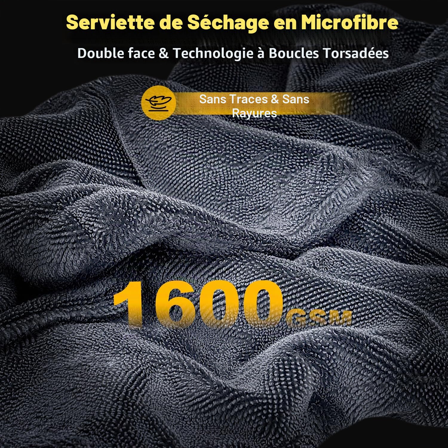 90x60cm Chiffon Microfibre Séchage Voiture, 1600GSM Serviette Microfibre pour Auto, XXL Sechage Voitures, Ultra Absorbant, doux et Sans Peluches, Non Pelucheux – pour Voiture Moto Bateau Camion, Gris