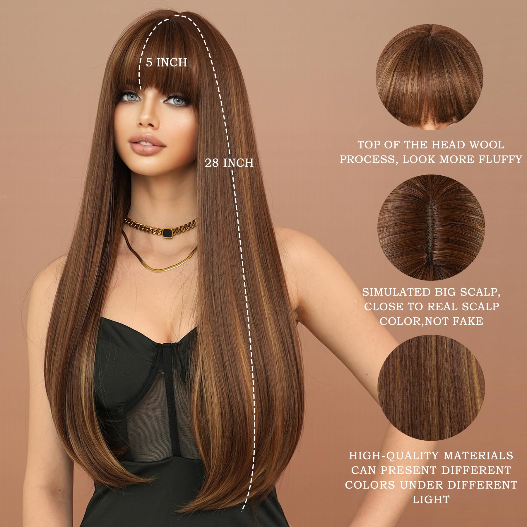 Long dark brown highlights long straight wig 28 inch Amazon.com : Allbell Brown Wigs Long Black Wigs for Black  main image 3
