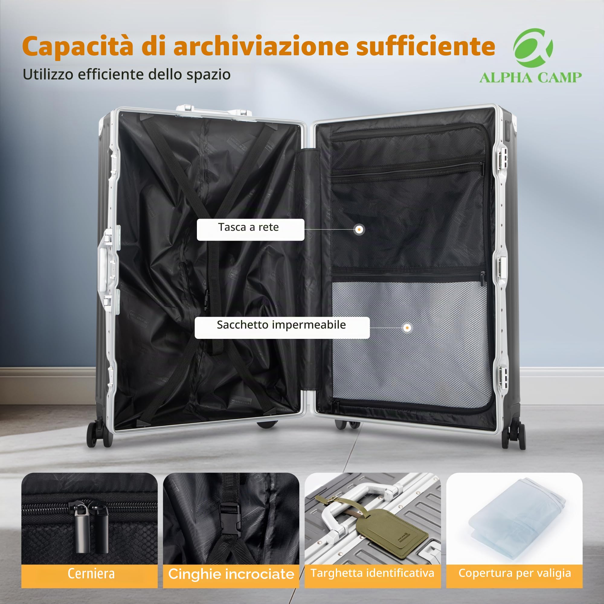 ALPHA CAMP Valigia Policarbonato 55.5x37x22 CM, Cornice in Alluminio TSA Serratura con Ruote, Valigia Media Rigida Grigio 37L Ricarica