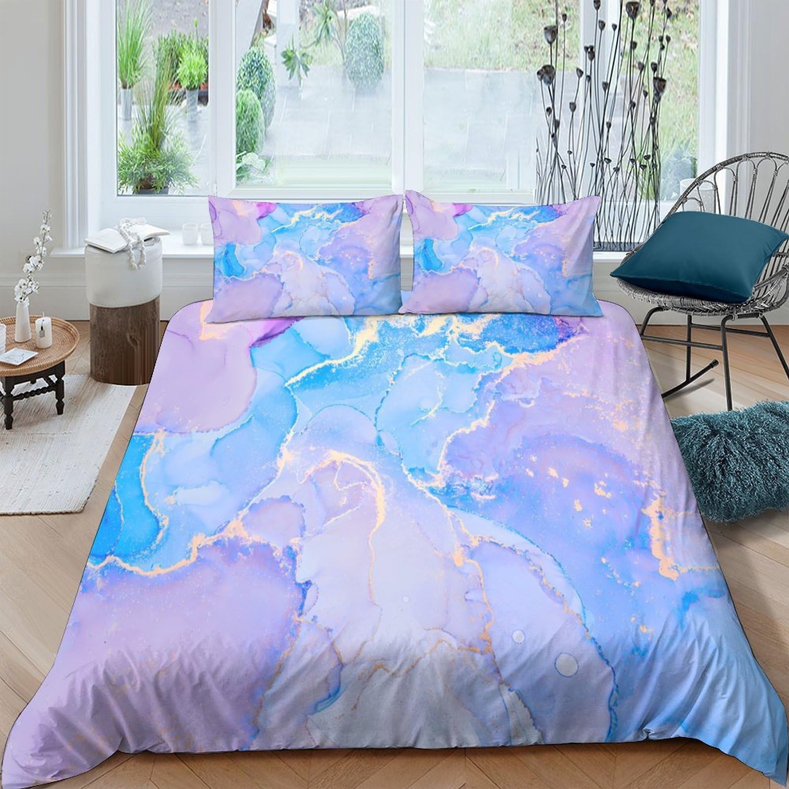 GPLZQXKJNH 3D Printed Watercolor Marble Duvet Cover Microfiber Soft Breathable Abstract Cloud Bedding Set with 2 Pillowcases for Bedroom Apartment Single（135x200cm）