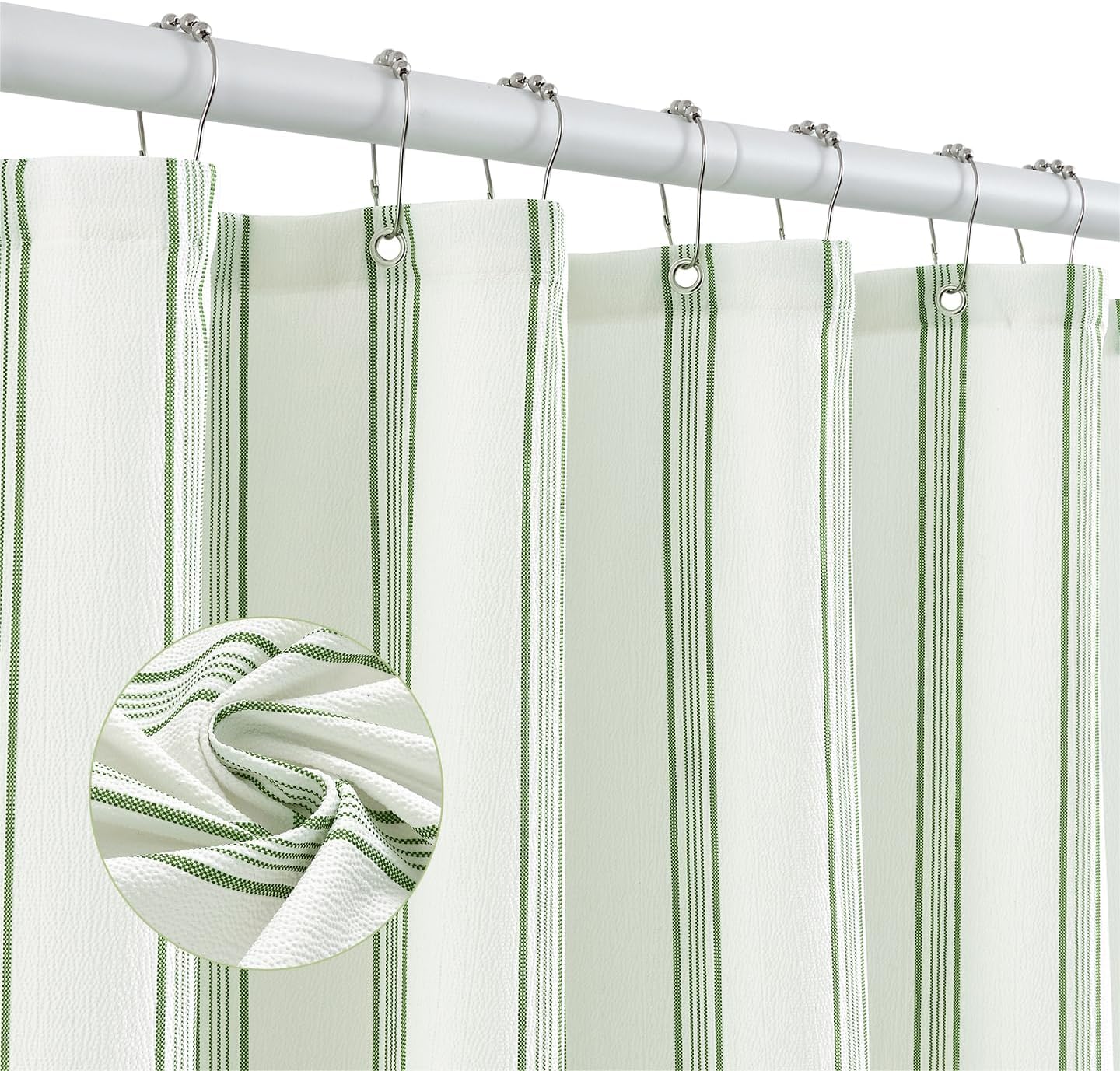 ORTIGIA Green and White Striped Shower Curtain with 12 Metal Hooks, Crinkled Lightweight Textured Fabric Modern Farmhouse Minimalist Shower Curtain for Bathroom 72x72 Inch