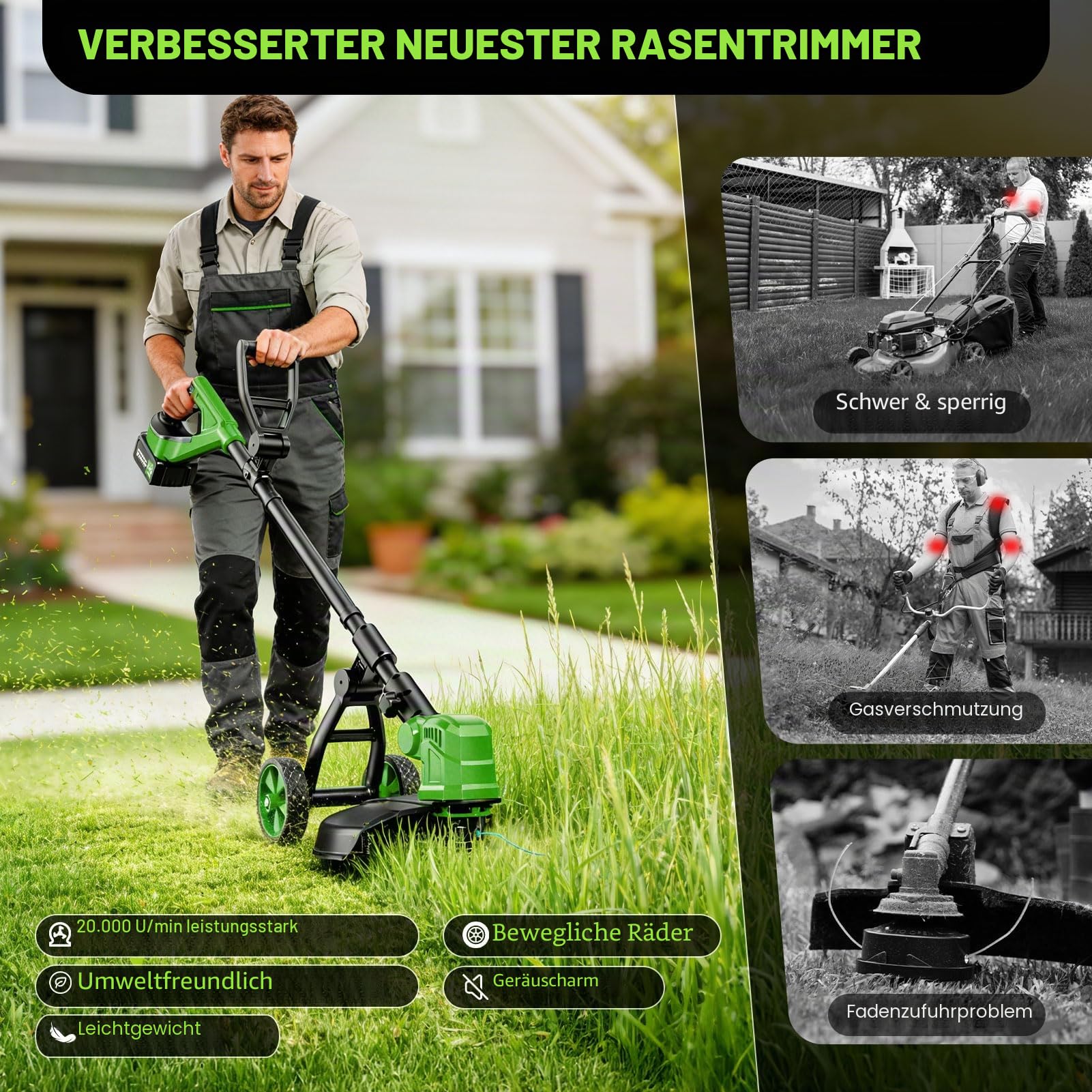 Rasentrimmer mit Rad 14 Zoll,Akku-Rasentrimmer mit 2×3,0 Ah Batterie und Ladegerät,20.000 U/min,4-in-1 Freischneider mit 800W Bürstenloser Motor,8 Ersatzspulen für Garden Trimmen,Höfe
