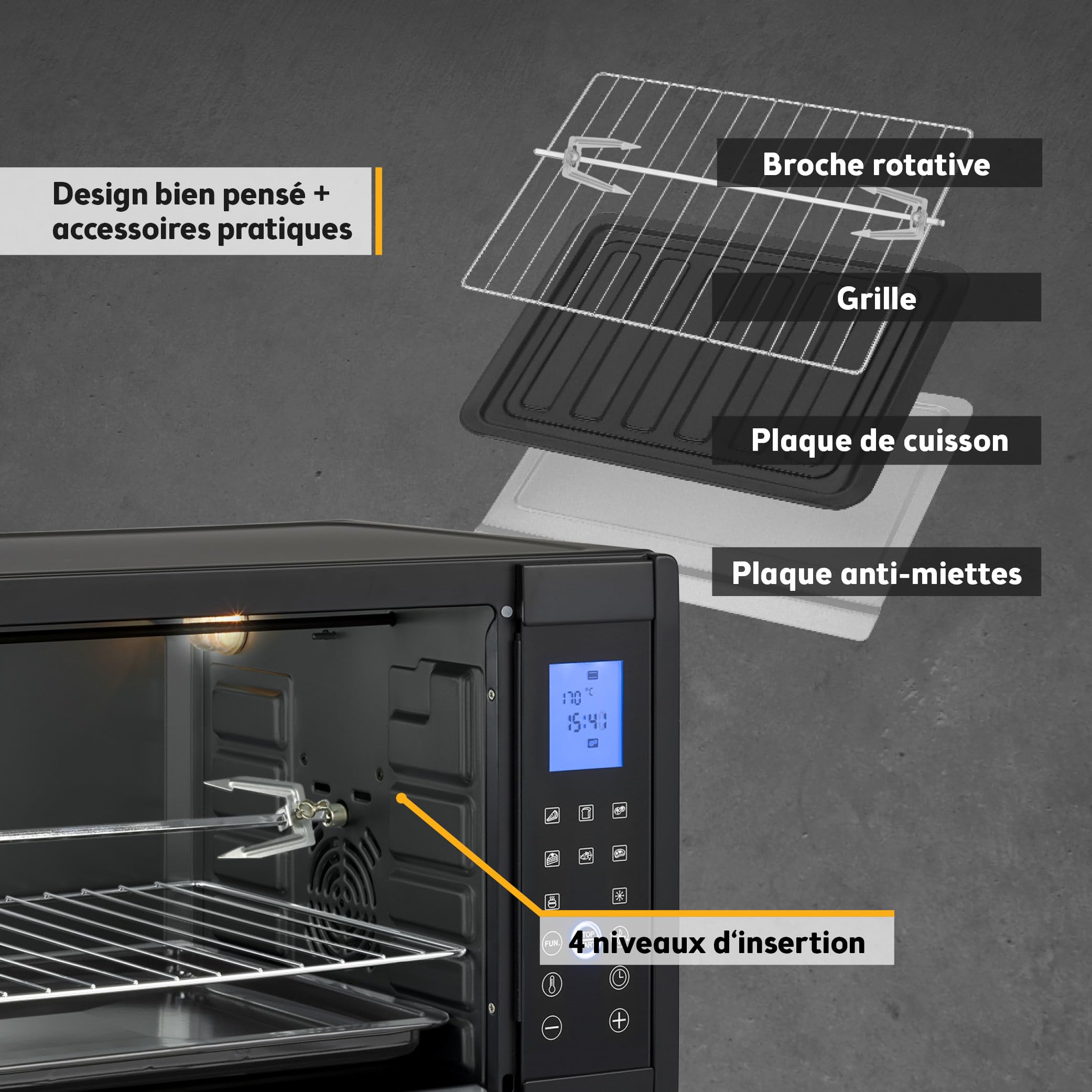 TZS First Austria – Mini-Four 45L 2000W digital – Revêtement Premium-X, Température jusqu'à 230°C & 4 Niveaux – Minuteur 180 Min & 8 Modes – Inclus Tournebroche – Pour Petites Cuisines & Camping