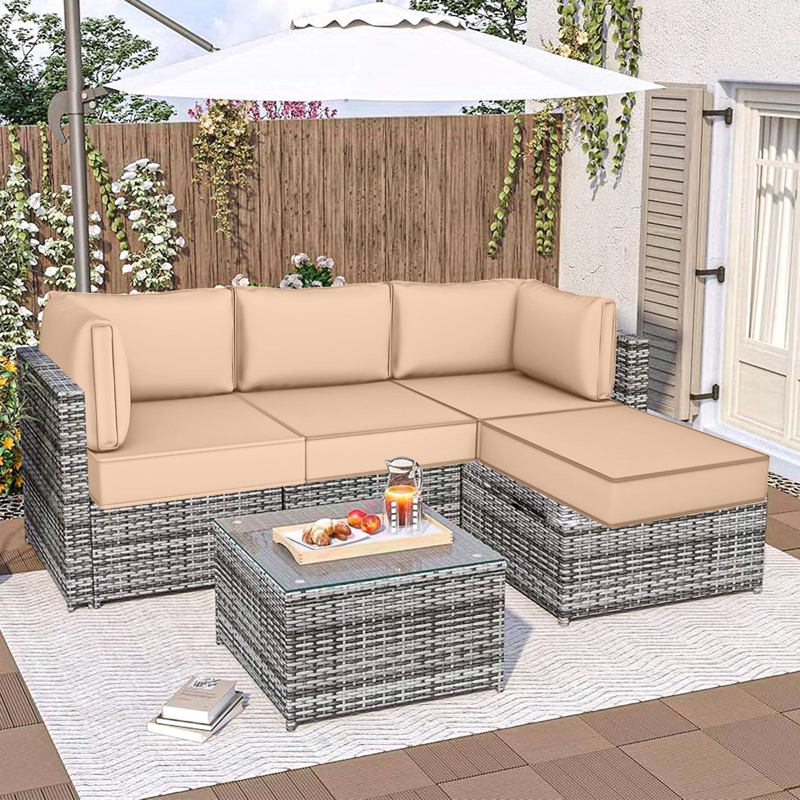 Outdoor Sectional Cushions, 5" Replacement Cushions for Patio Furniture, 9 Piece Water-Resistant Couch Replacement Set(No Furniture), for 4-seat Patio L Shaped Wicker Sofa (Beige)