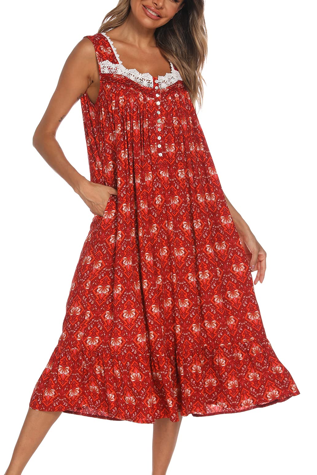 AVIIER Cotton Nightgowns for Women Sleeveless House Dress Ladies Long Nightdress with Pockets S-XXL