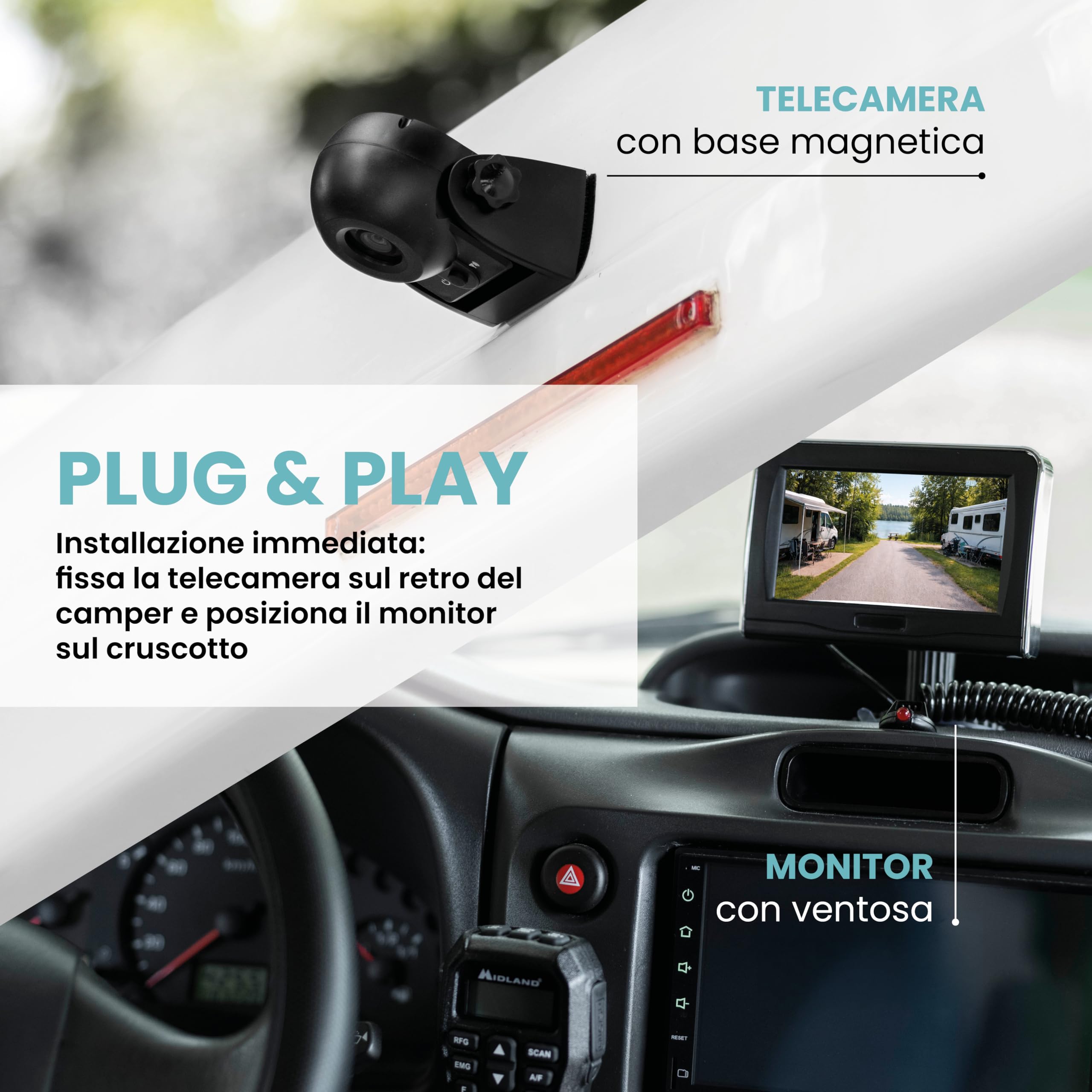Midland - Wireless RV Cam Telecamera Retromarcia Auto, Camper, Roulotte e Altri Veicoli - Telecamera per Auto con Angolo di Visione 120°, LED IR, Facile Installazione Senza Forature, Monitor Incluso
